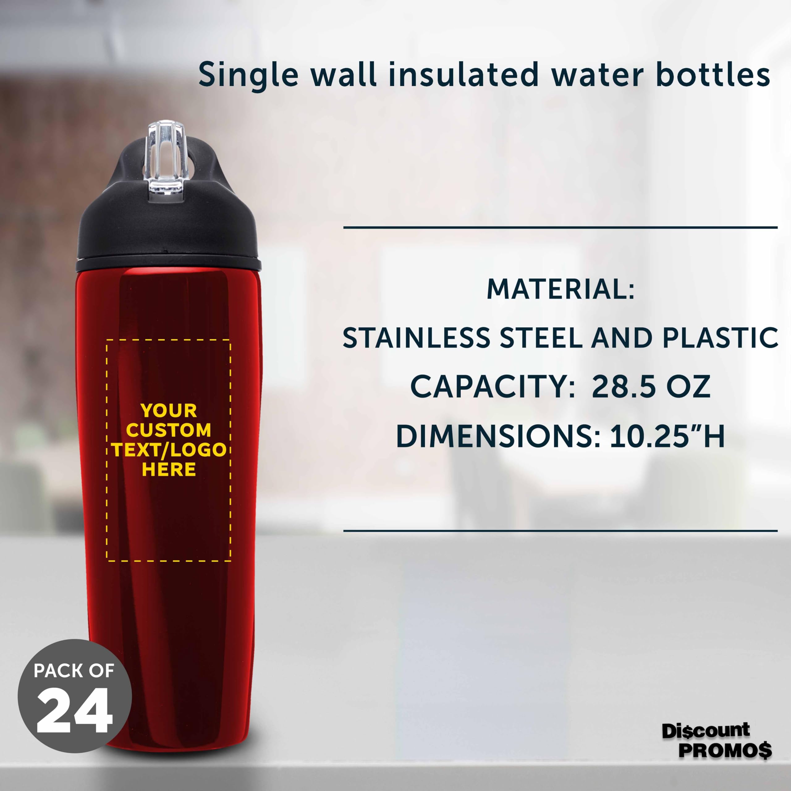 Custom Stainless Steel Water Bottles 24 Pack - Personalized Text & Logo - 28.5 oz Metal Sports Bottles with Flip Top Lid - Easy Carry Handle - Bulk Promotional Gift for Gym, Office, Team Events (Red)