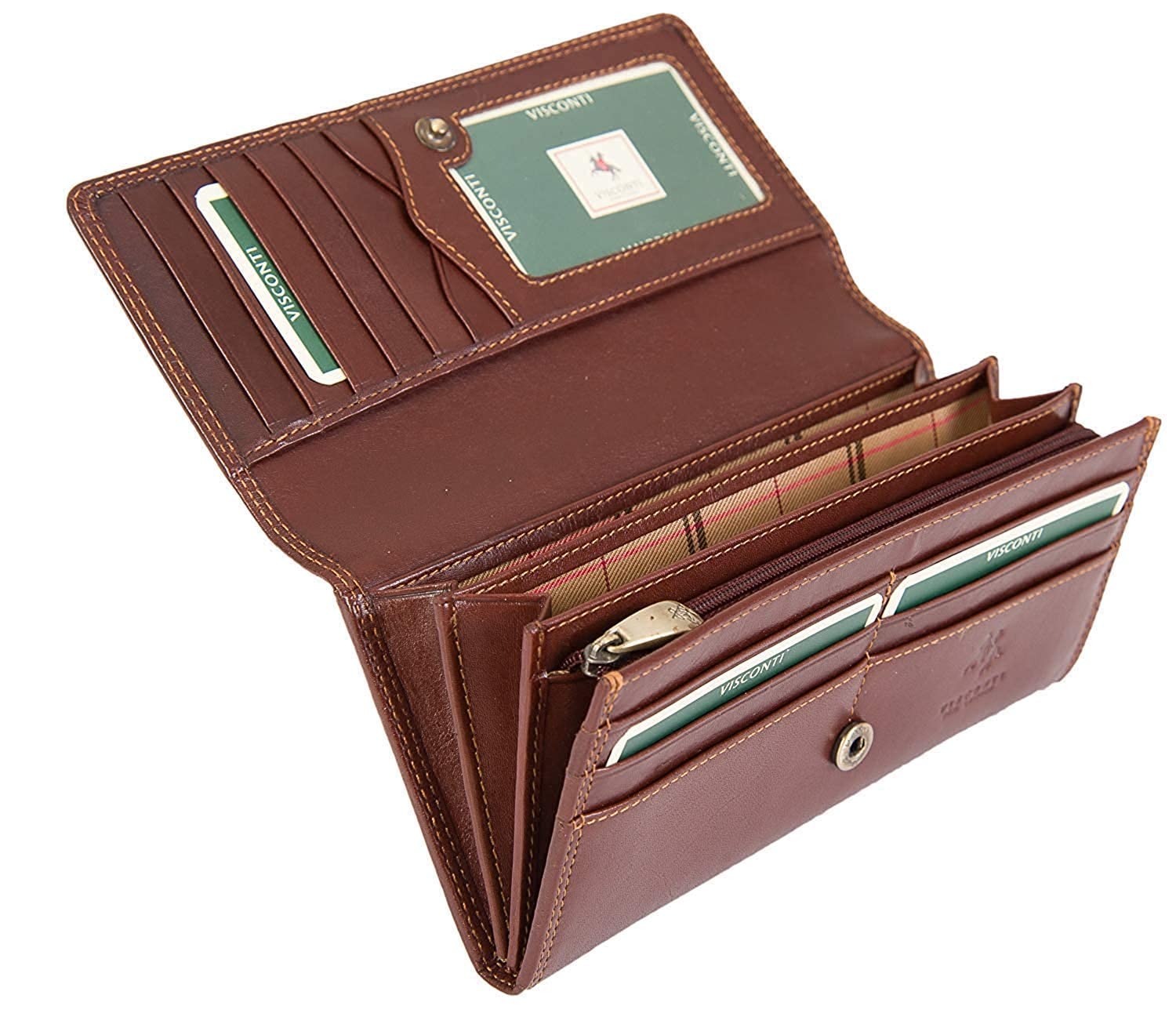 VISCONTI Florence RFID Blocking Leather Wallet for Women - Brown Monza Collection - 12 Credit Card Slots, 4 Slip Pockets, ID Window & Coin Pocket - Perfect for Work, Travel & Everyday Use