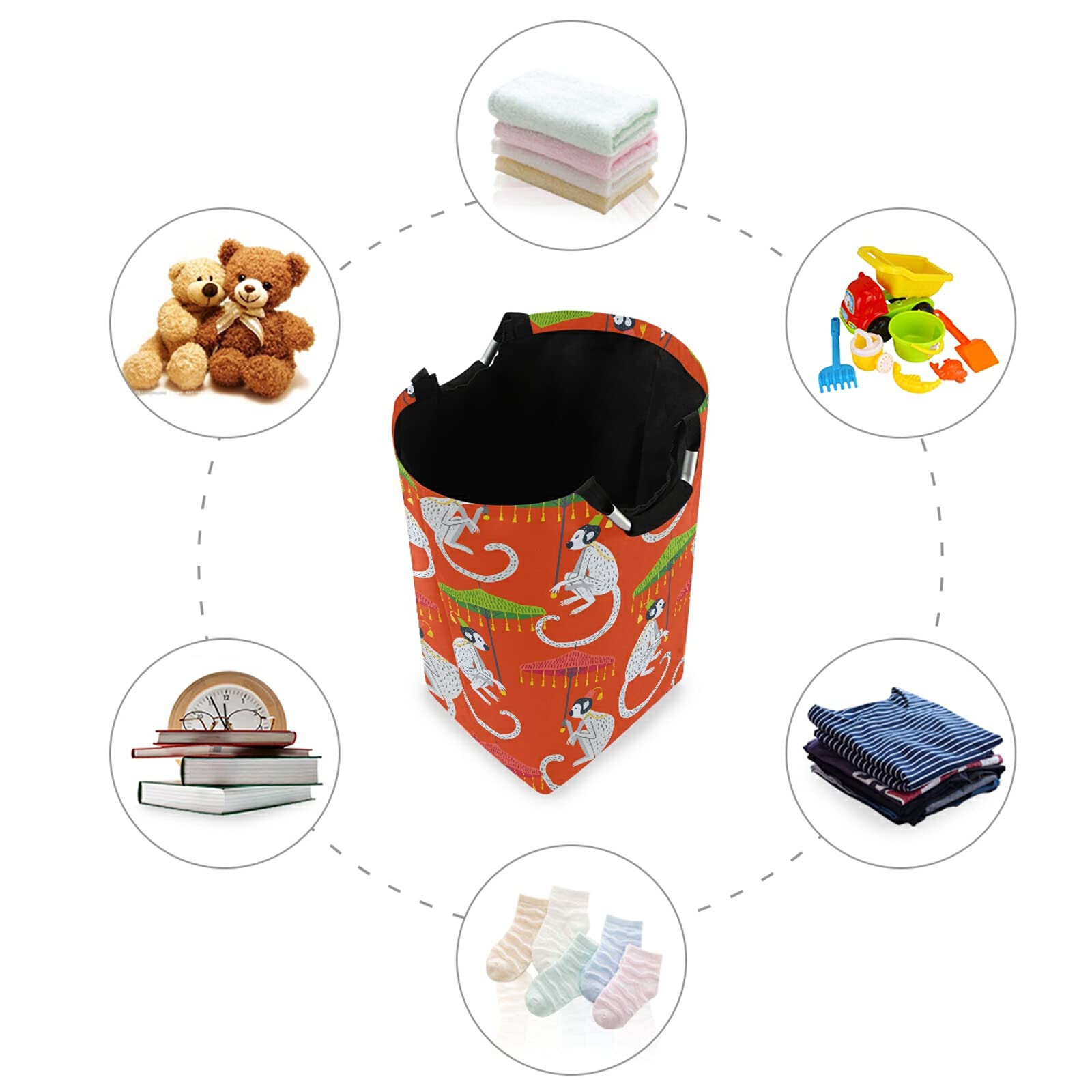 Susiyo Monkeys with Umbrella Chinoiserie Style Laundry Basket - Large Collapsible Storage Hamper with Thick Handles for Bathroom, Dorm, Nursery - Perfect for Organizing Toys, Clothes & Linens