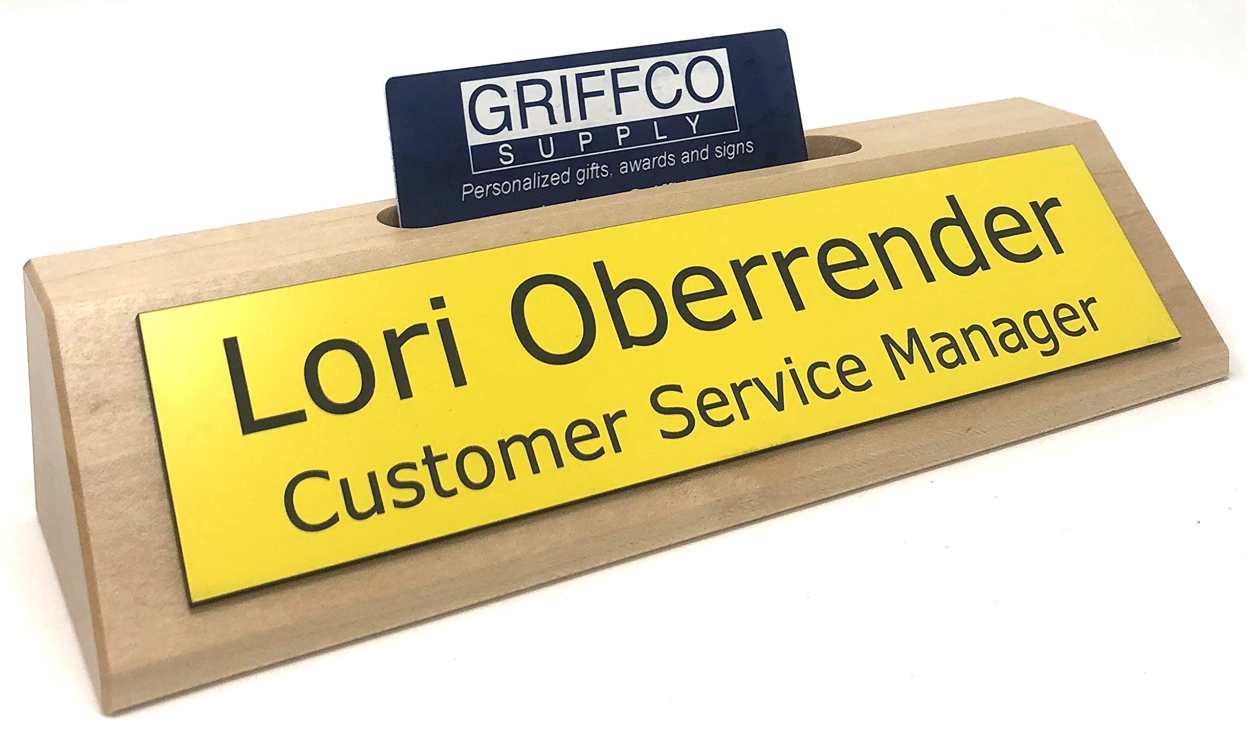 Custom Engraved Maple Wood Business Desk Name Plate with Card Holder - Handmade in USA - Perfect for Office, Reception, or Corporate Gifts (Yellow Accent)