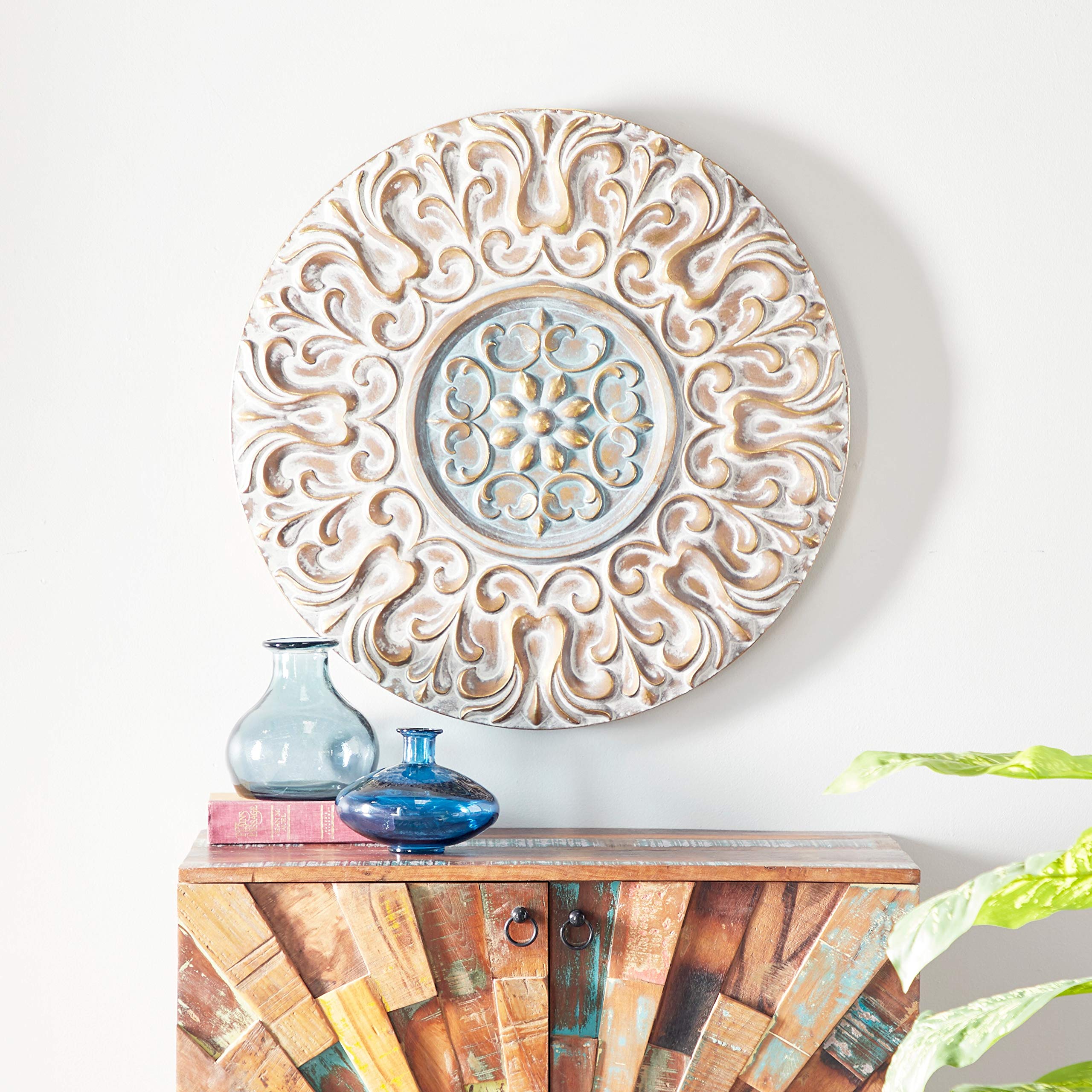 Antique Gold Round Metal Wall Decor with Light Green Textured Pattern - 32 Inch Transitional Style for Living Room, Bedroom & Dining Room Décor