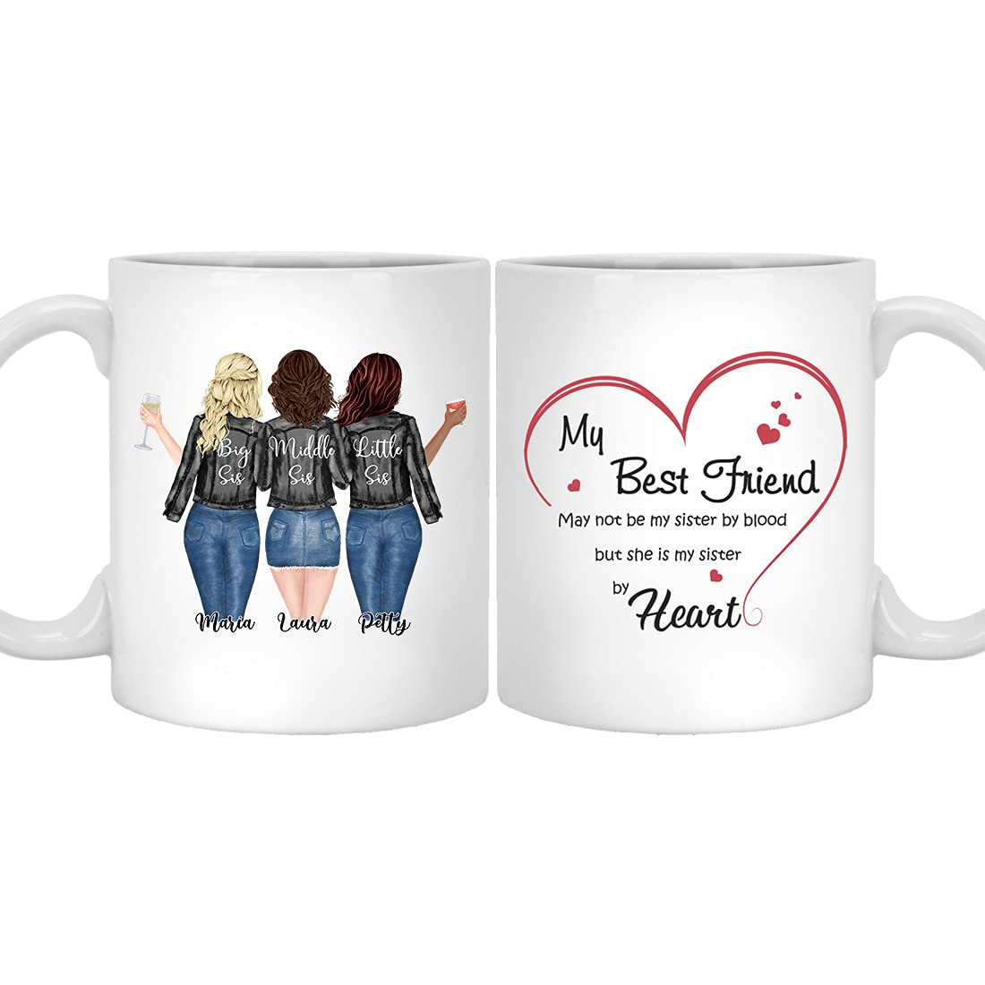 Personalized Best Friend Sister Mug for Women - Custom Name Coffee Cup for BFF, Long Distance Friendship, Sister Moving Away Gift - Perfect for Christmas, Birthday & Sisterhood Celebrations (3 Sisters Design) - Great for Coffee, Tea & Hot Chocolate at Home or Office