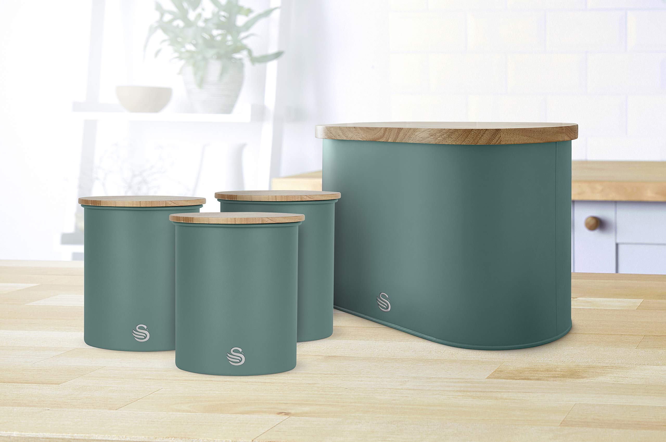 Nordic Scandi Bread Bin with Bamboo Cutting Board Lid - Swan SWKA17512GREN | Pine Green Steel Bread Storage Box | Perfect for Kitchen Countertop, Pantry Organization & Rustic Home Decor