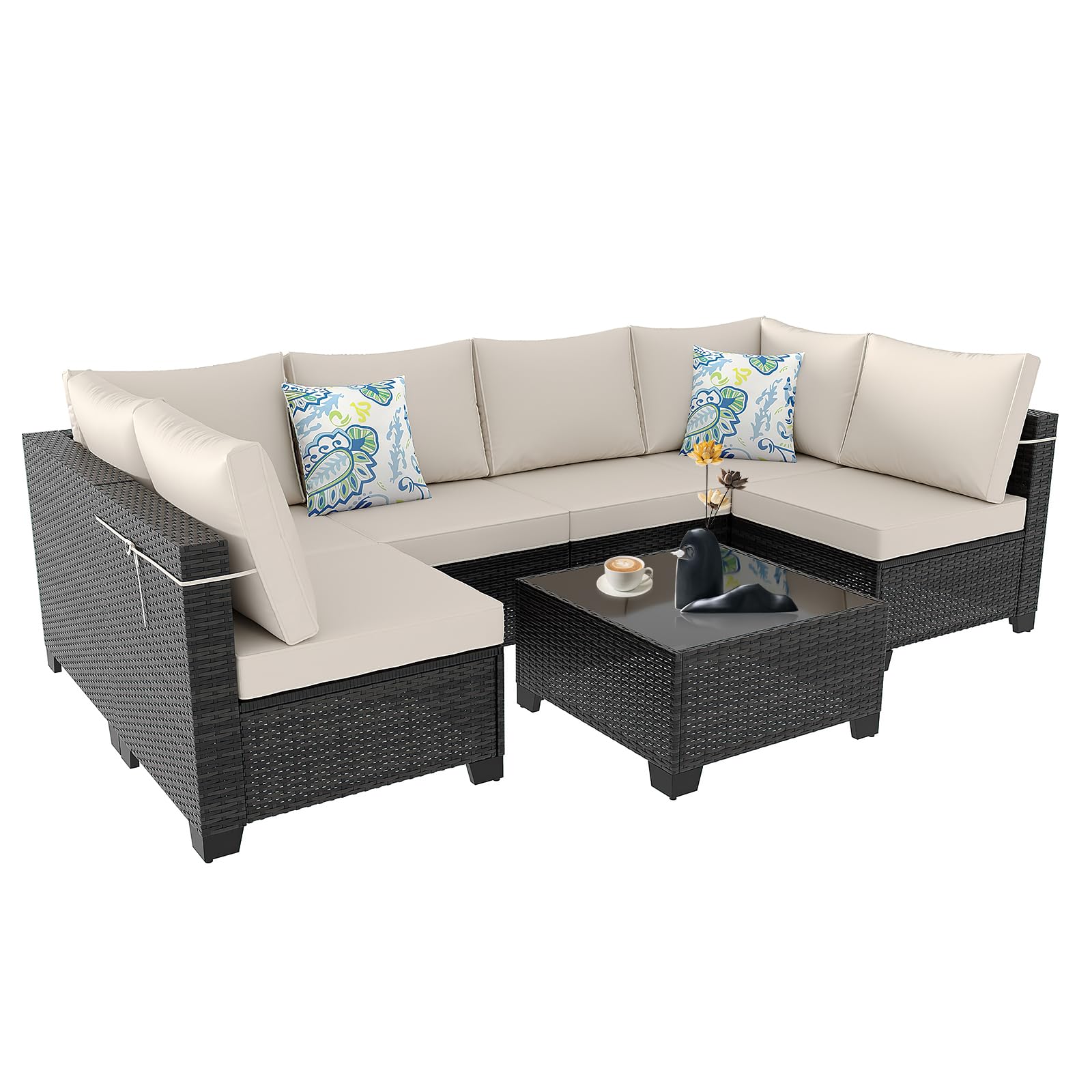 7-Piece Outdoor Wicker Sectional Sofa Set with Cushions - Patio Conversation Furniture for Garden, Backyard & Poolside - Brown/Beige Rattan Sofa for Relaxing & Entertaining