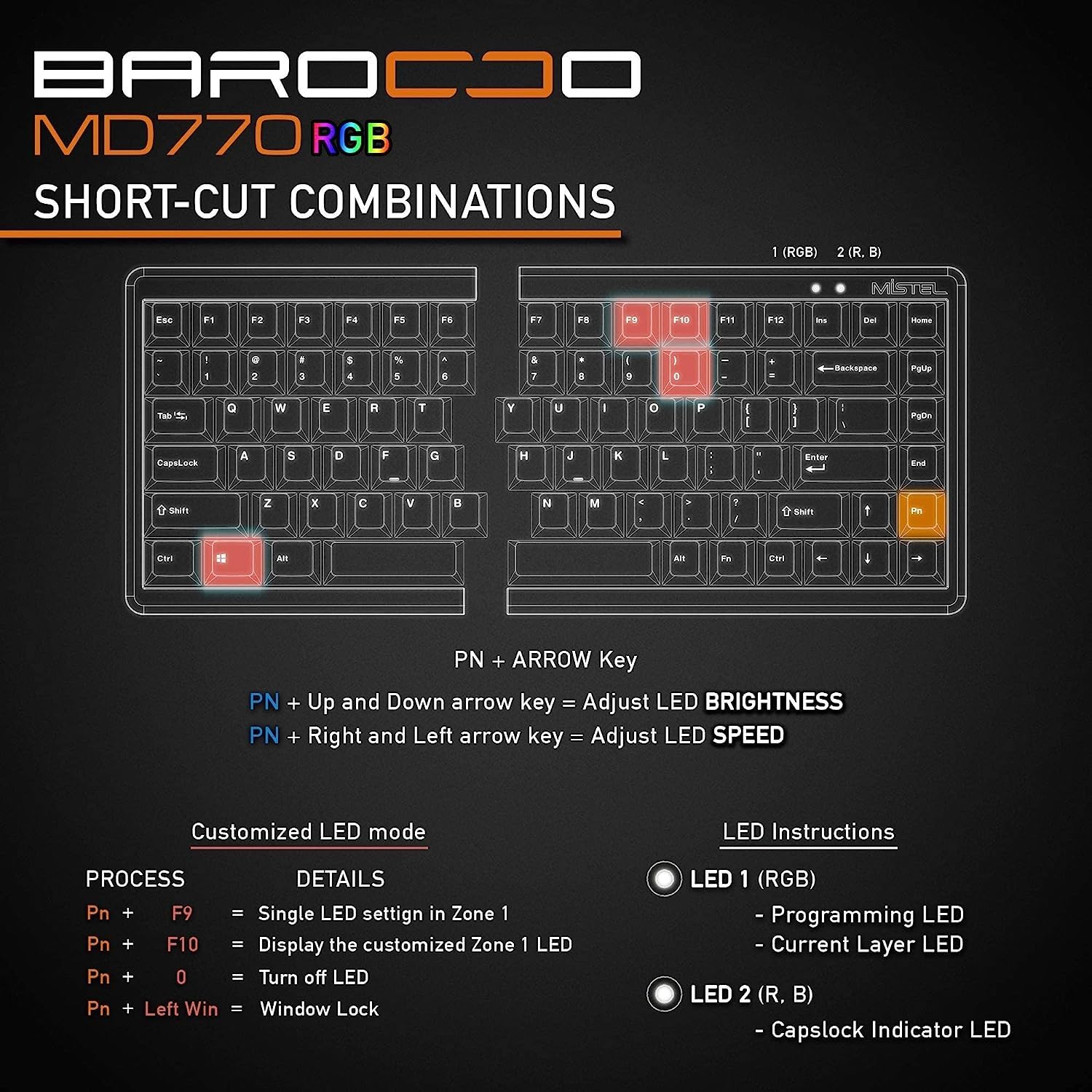 Mistel BAROCCO MD770 RGB TKL Split Ergonomic Mechanical Keyboard - Cherry MX Brown Switch, LED Backlit, Macro Support for Windows & Mac (ANSI Layout) - Perfect for Gaming, Programming & Office Work