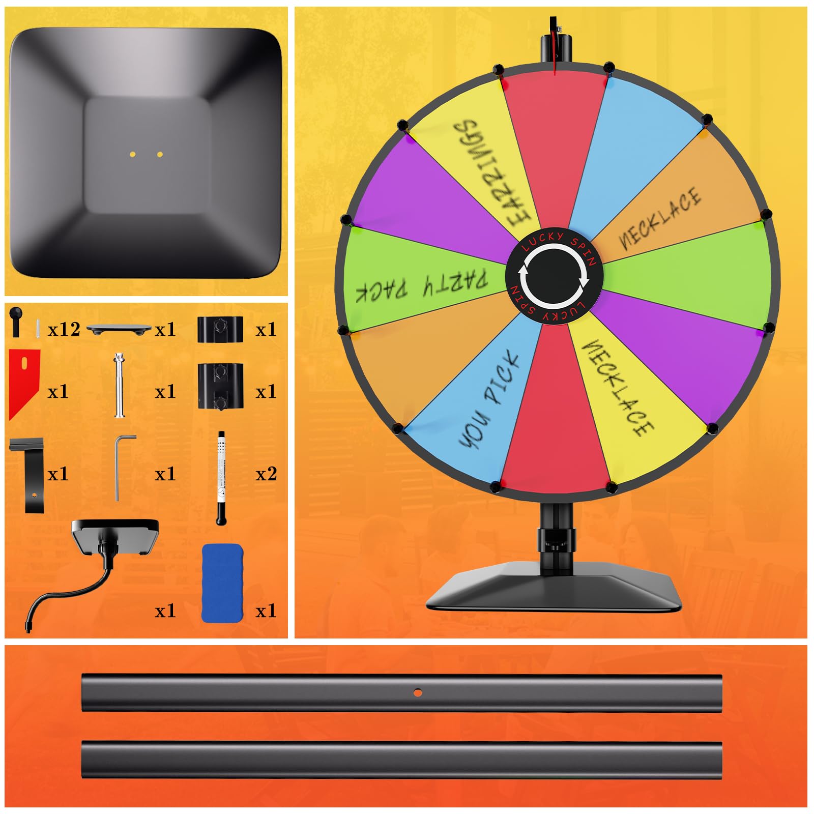 24 Inch Heavy Duty Prize Wheel - Dual Use Tabletop & Floor Stand with Adjustable Height, 12 Slots & Dry Erase Kit - Perfect for Carnival Games, Casino Nights, Trade Shows & Classroom Activities