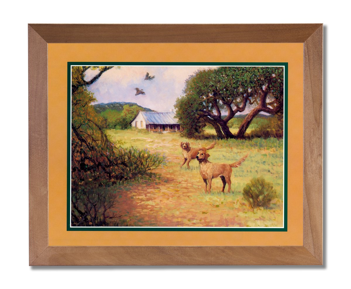 Handcrafted Honey Framed Wall Art Print - Rustic Cabin Lodge Style Hunting Quail Dog & Bird Scene | Perfect for Home Decor, Living Room, Bedroom or Office