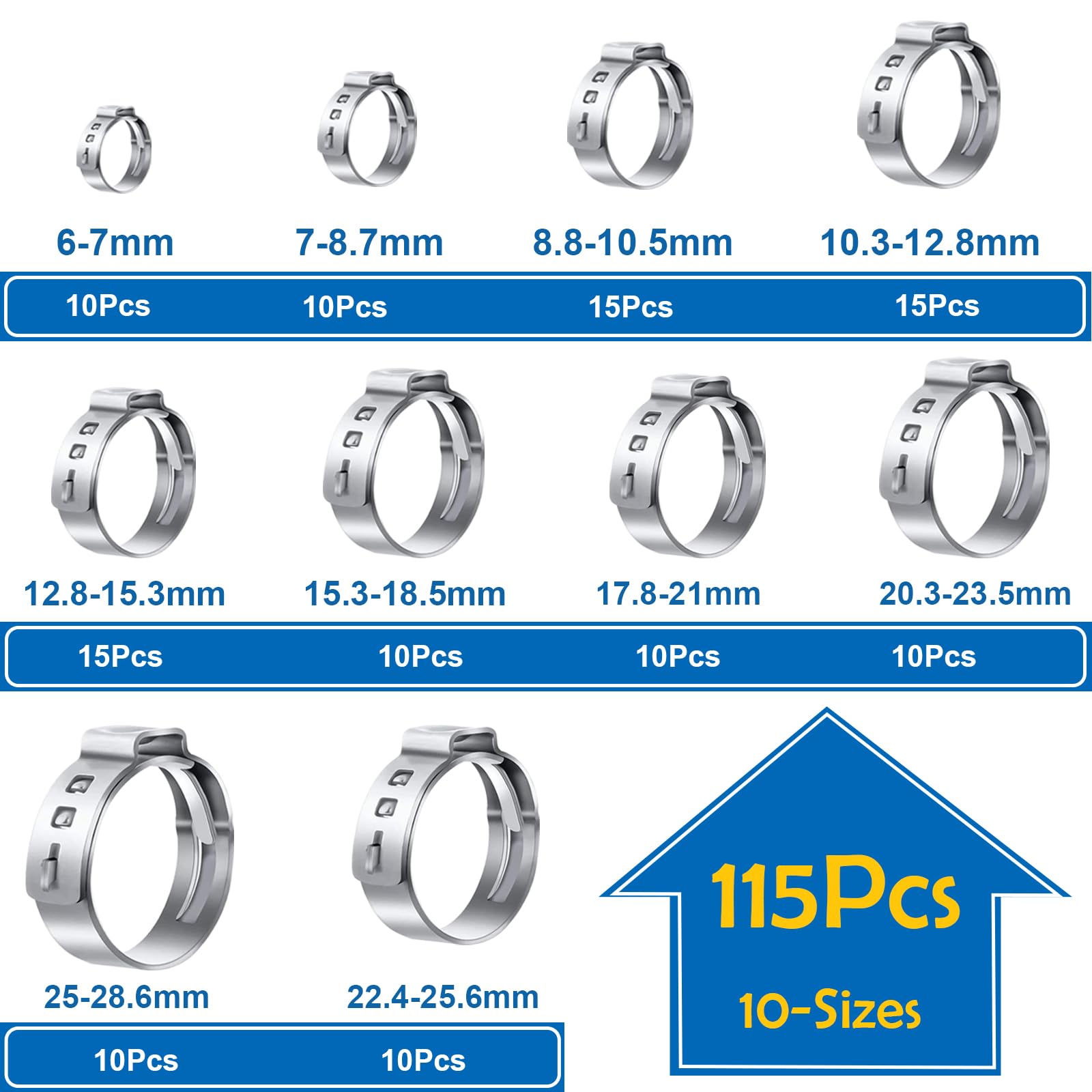 115PCS 6-28.6mm Single Ear Hose Clamps Kit with Pliers - 10 Sizes Stainless Steel Stepless Crimp Clamps for Automotive, Home, Appliance, Pipe & Fuel Line Repair - Perfect for Plumbing, HVAC and DIY Projects