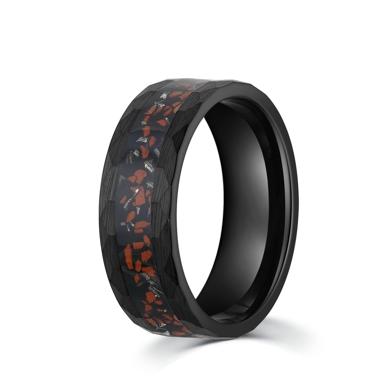Dinosaur Bone & Meteorite Men's Wedding Ring - 8mm Hammered Black Tungsten Band - Comfort Fit for Men - Unique Groomsmen Gift for Weddings & Anniversaries