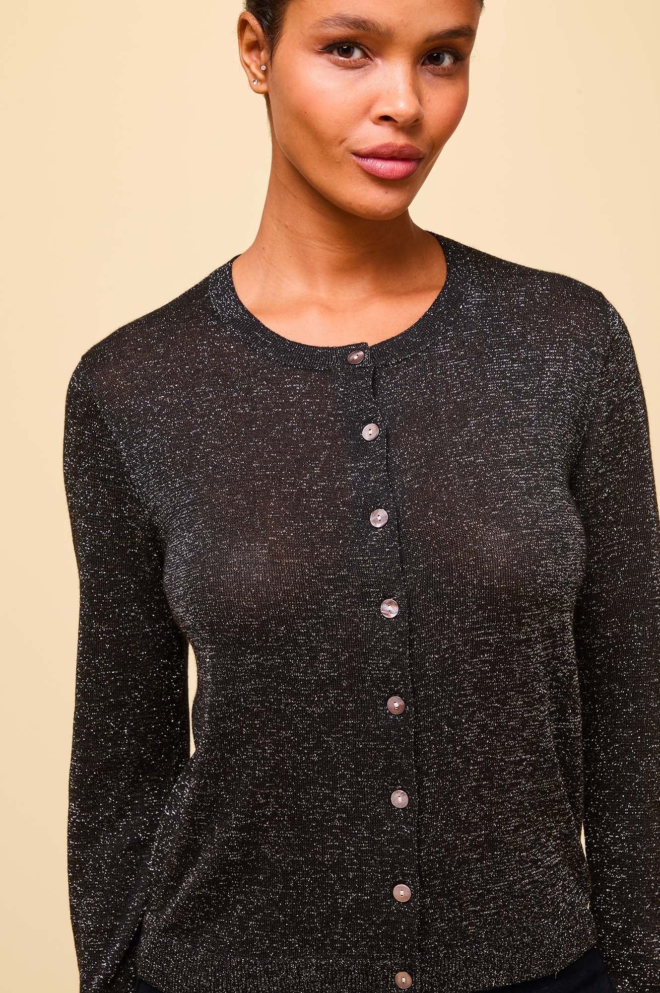 Metallic Knit Cardigan Women's Long Sleeve Open Front Sweater - Black & Gold for Fall/Winter Fashion, Office Wear & Casual Outfits