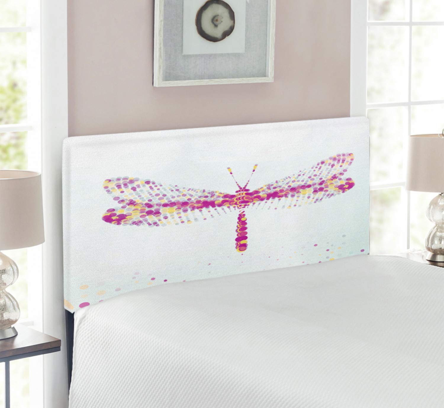 Ambesonne Dragonfly Headboard - Futuristic Winged Flying Theme with Spot Effects, Upholstered Decorative Metal Bed Frame with Memory Foam, Twin Size, Purple & Yellow - Perfect for Kids Room, Bedroom Decor, and Fantasy Themed Interiors