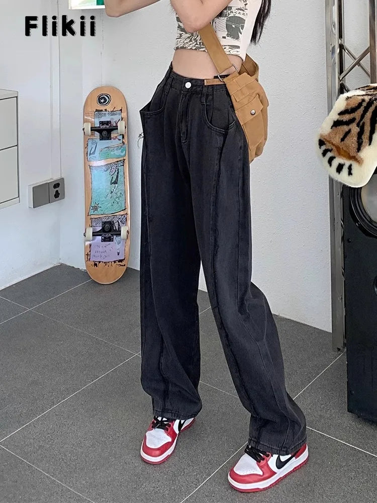 Vintage High Waist Straight Leg Jeans for Women - Retro Y2K Denim Pants with Pockets, Hip Hop Streetwear, Grunge Fashion - Perfect for Casual Outfits, Spring Wear, and Everyday Style