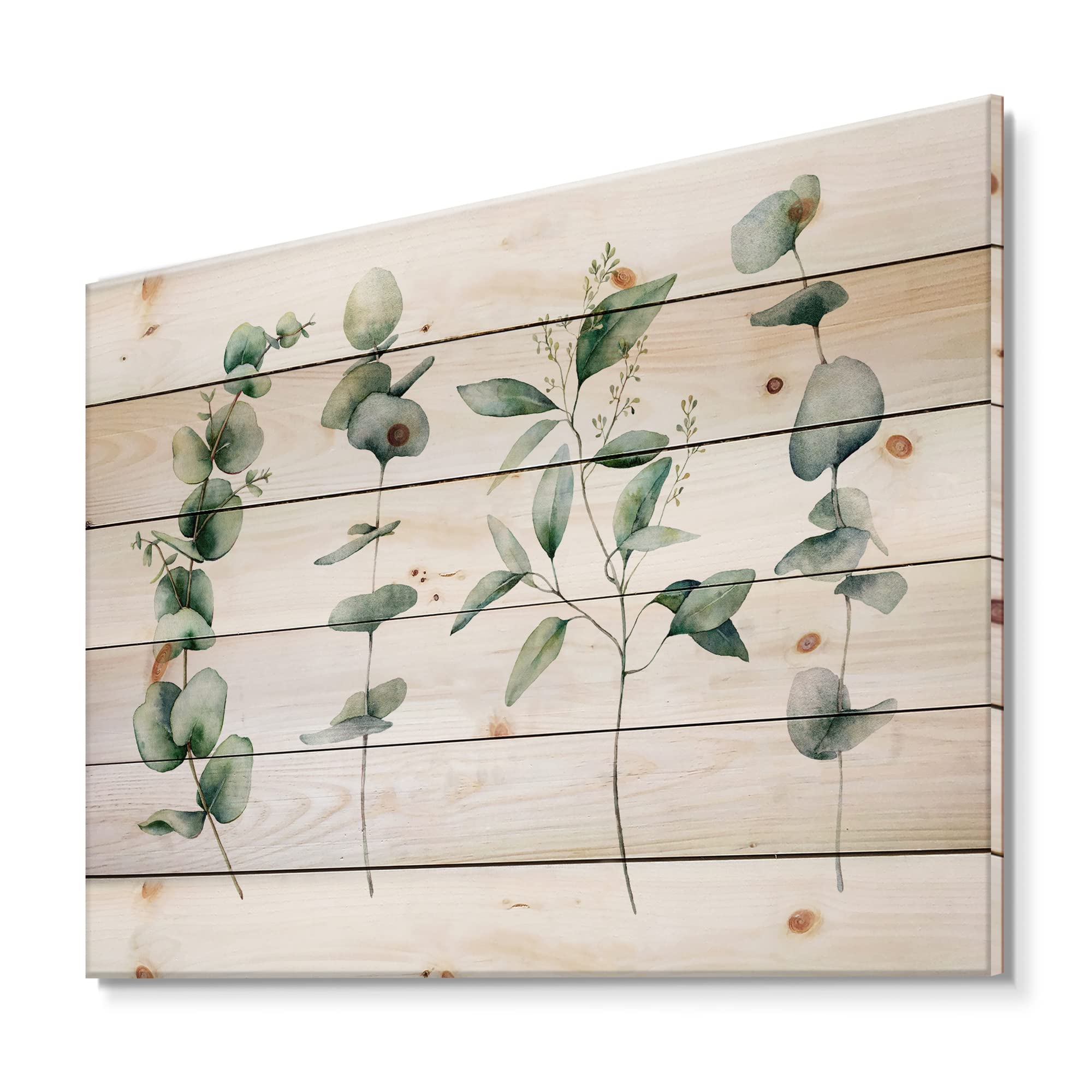 DesignQ Green Eucalyptus Branches Wall Decor - Traditional Wood Wall Art, Large Floral Printed Pine Wood Panels for Living Room, Bedroom & Office Decoration