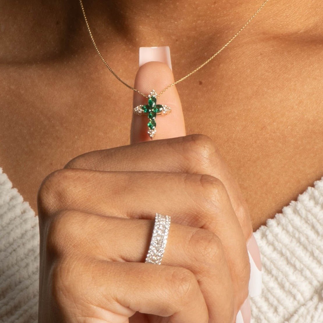 10k Yellow Gold Emerald and White Sapphire Cross Pendant Necklace for Women - Elegant Religious Jewelry Gift for Baptism, First Communion & Everyday Wear