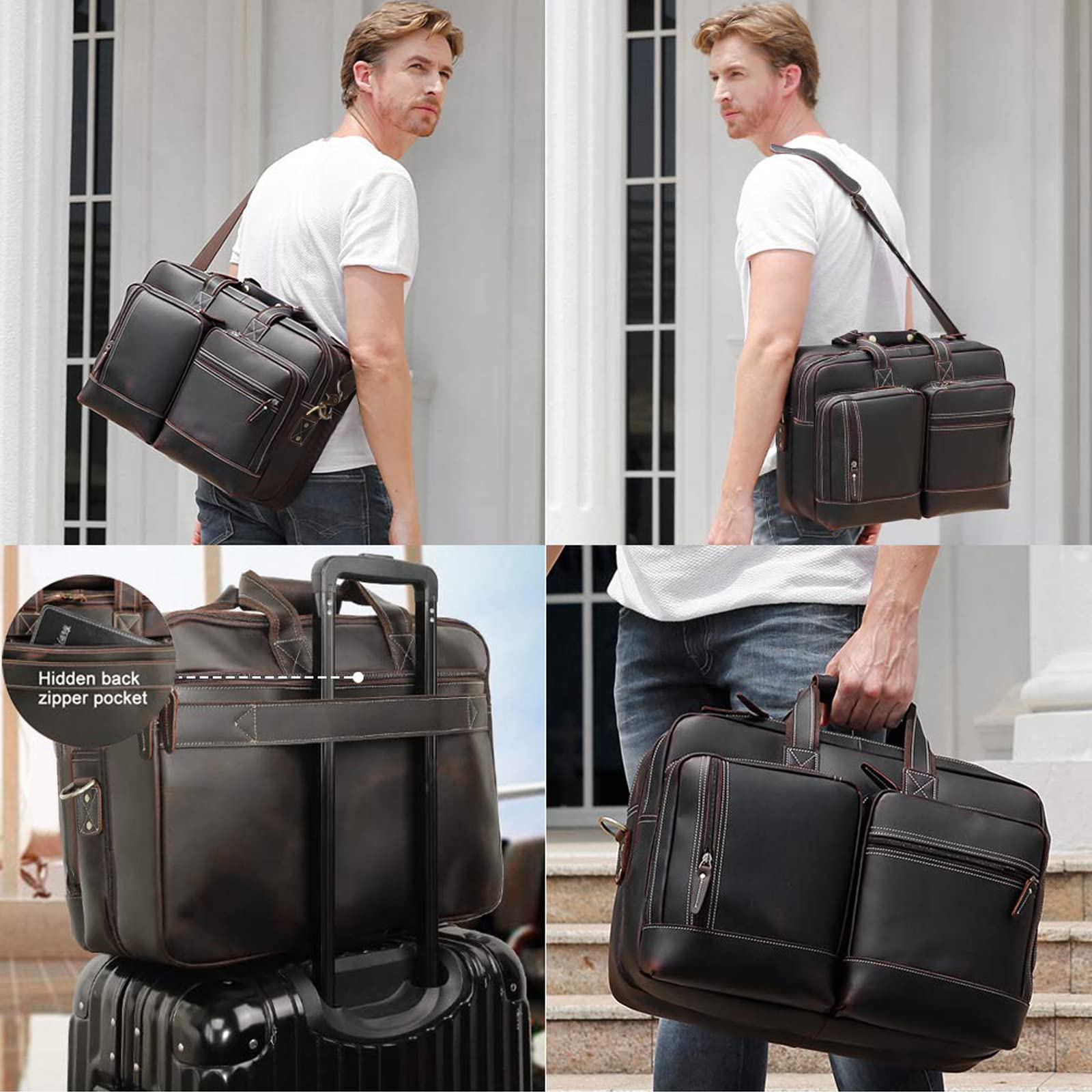 Premium Genuine Leather Briefcase for Men - Expandable 17 Inch Laptop Bag with Shoulder Strap - Business Travel Attache Case & Work Commuter Bag - Ideal for Office Professionals and Business Trips
