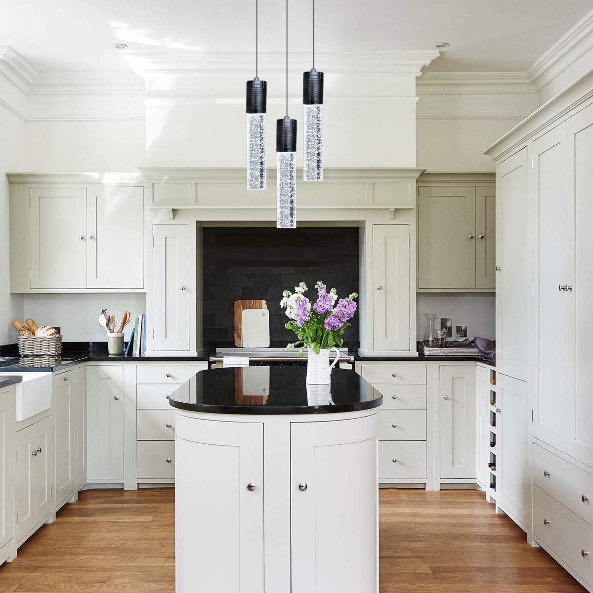 3-Light Black Linear Pendant Lighting Fixture for Kitchen Island & Dining Room - Modern Chandelier with Daylight Bulbs Included - Perfect for Contemporary Home Decor & Restaurant Ambiance