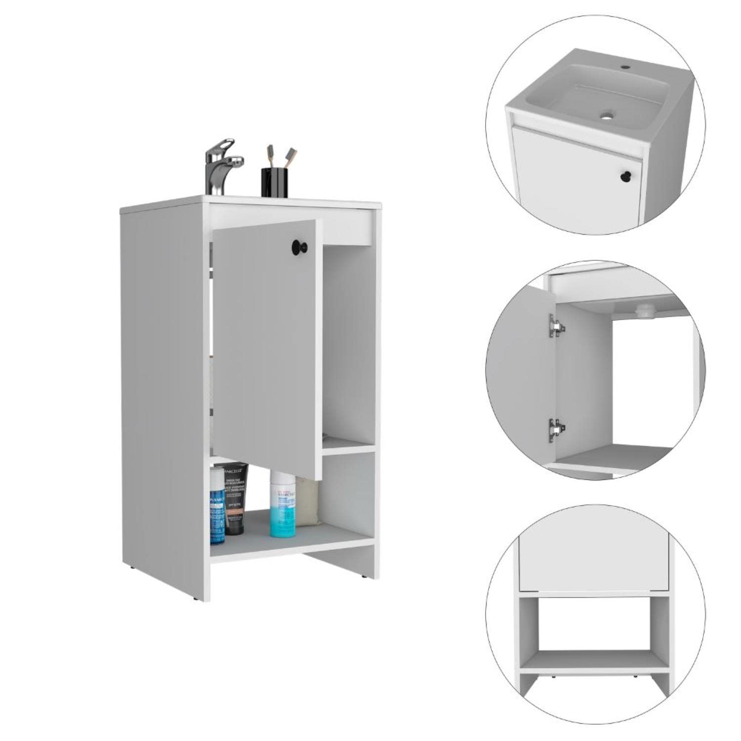 Braavos White Bathroom Vanity with Sink, 2 Shelves & Single Door Cabinet - Modern Storage Solution for Small Bathrooms, Powder Rooms & Guest Baths