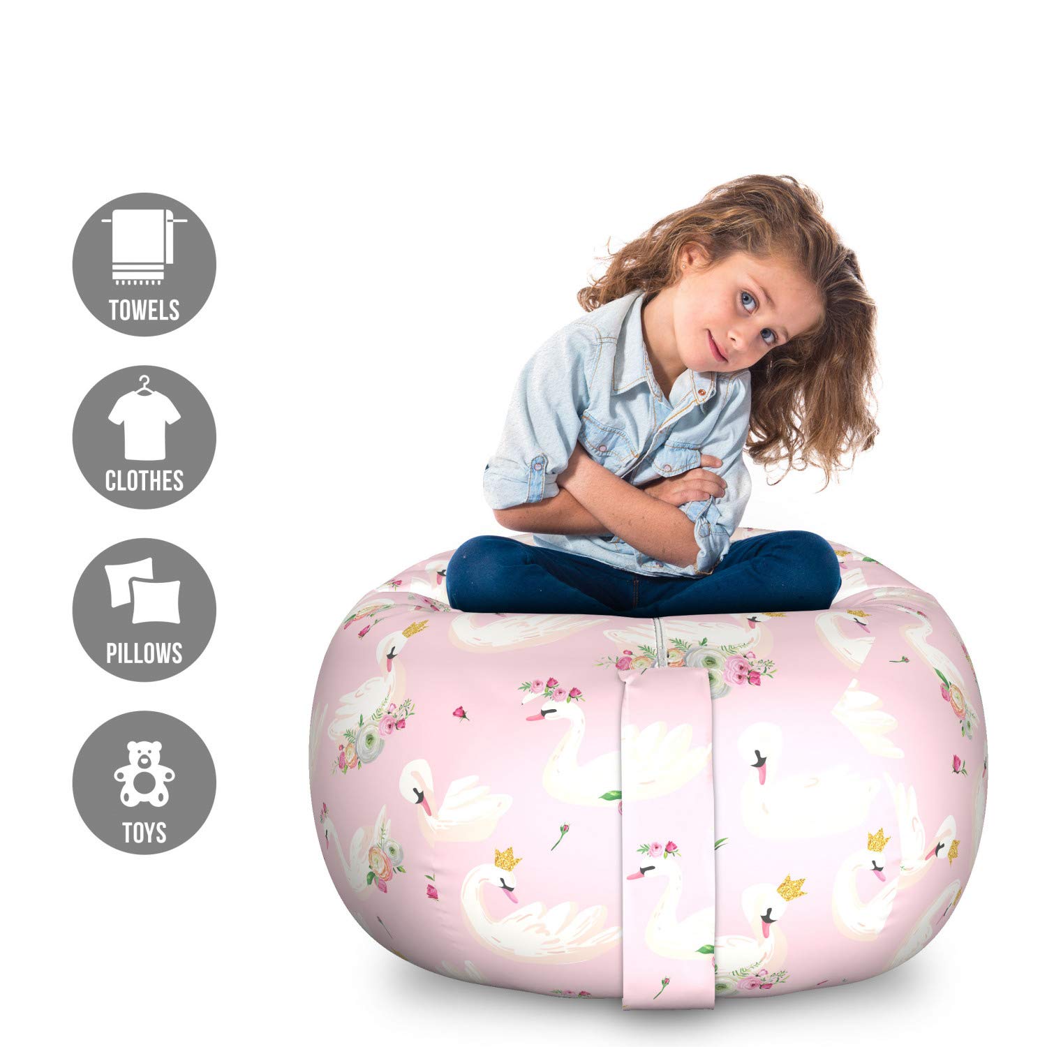 Ambesonne Large Washable Storage Toy Bag Chair - Floral Swan Design with Crown, Rose Pink Stuffed Animal Organizer for Kids' Room, Nursery, or Playroom | Perfect for Organizing Toys, Blankets, and Plushies
