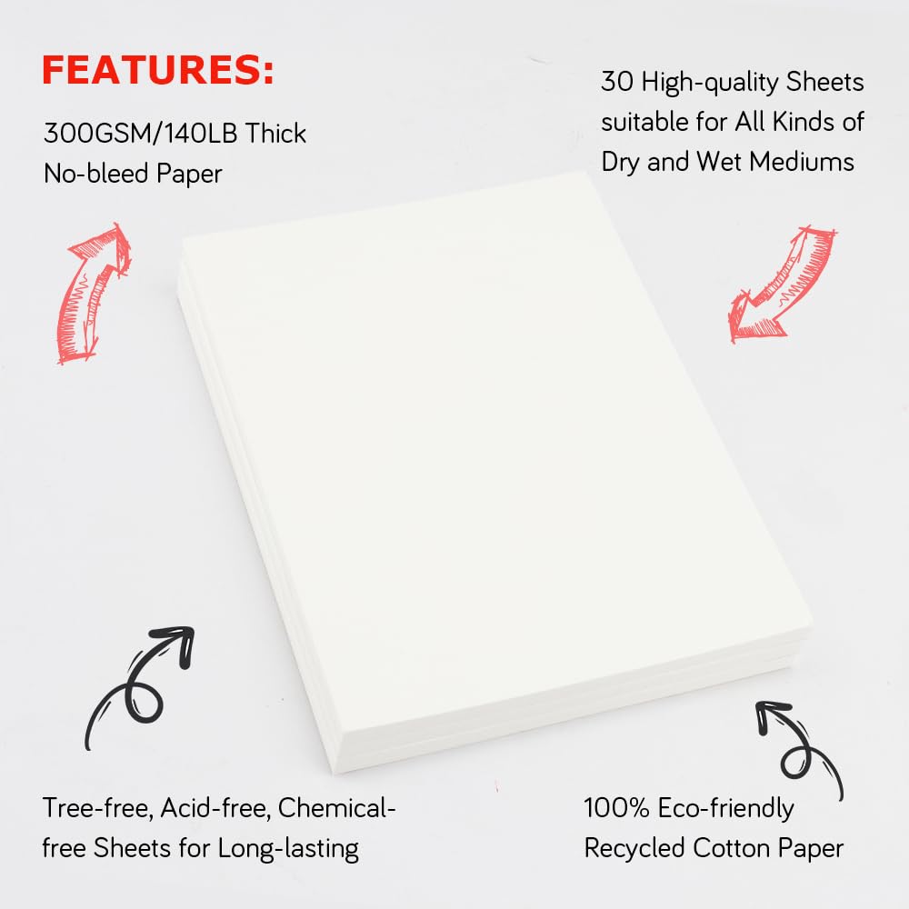 Premium 9x12 Inch Watercolor Paper - 140lb/300gsm Heavyweight White Cotton Paper - 30 Sheets Bulk Pack for Artists, Mixed Media & Sketching - Ideal for Watercolor Painting, Drawing, Calligraphy & Professional Art Projects