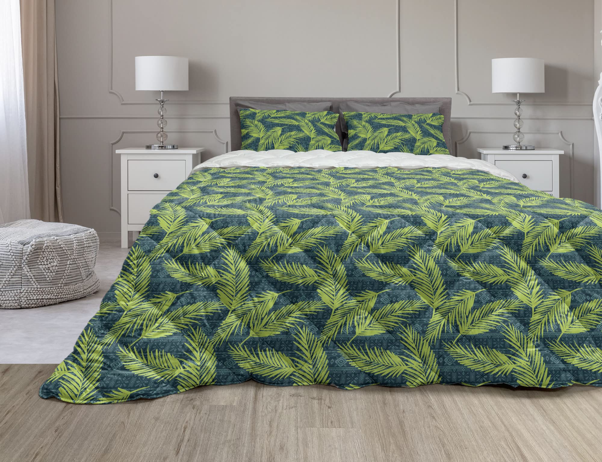 Ambesonne Tribal Aztec Duvet Cover Set with Sketched Palm Leaves - 2 Piece Microfiber Comforter & Sham Set, Twin Size in Yellow Green Jade - Perfect for Bohemian Bedroom Decor, Guest Room Makeover or Dorm Room Essentials