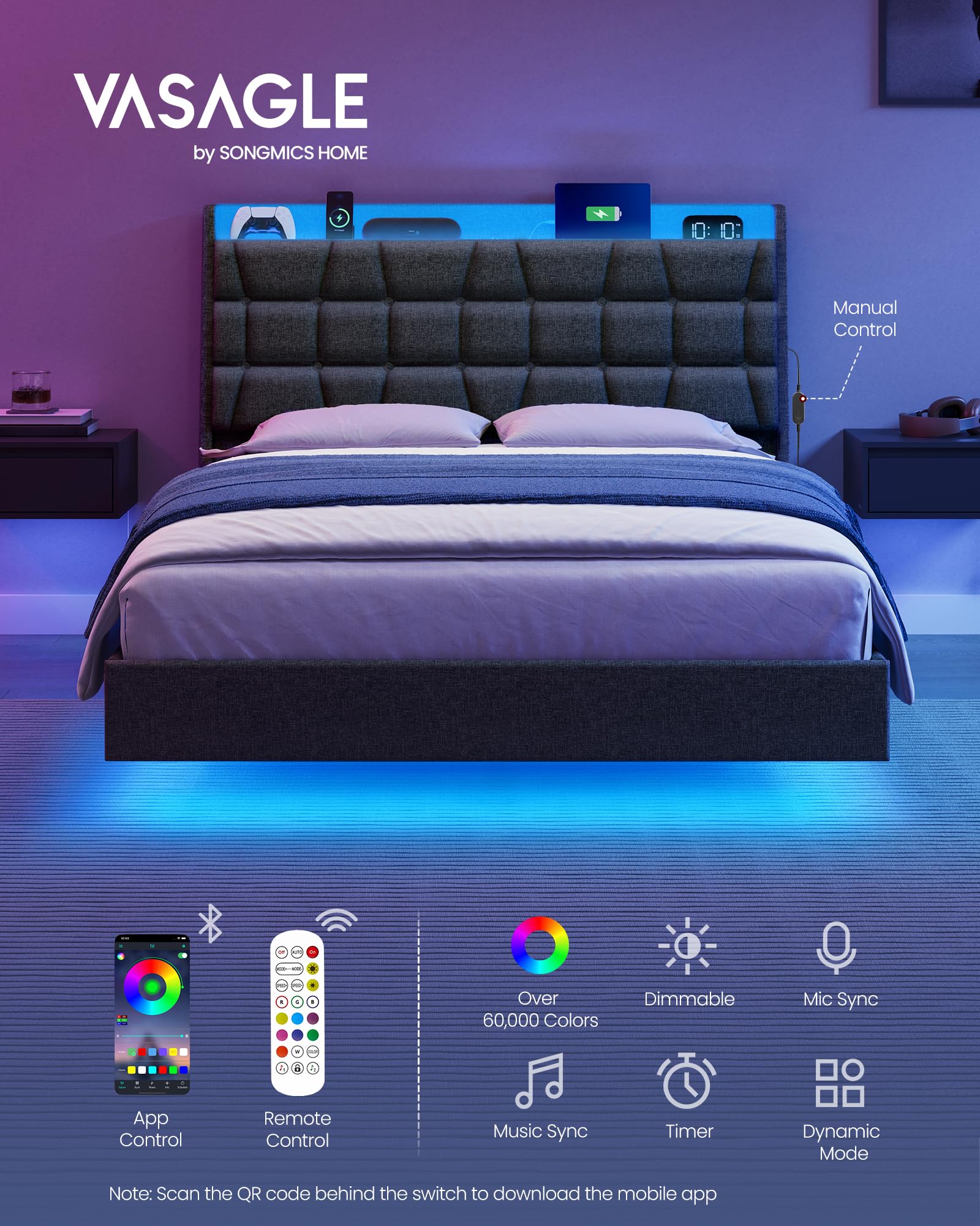 VASAGLE Full Size Floating Bed Frame with LED Lights, USB Charging Station, Tufted Storage Headboard - Upholstered Platform Bed Frame No Box Spring Needed, Dark Gray - Modern Bedroom Furniture for Small Spaces & LED Lighting Ambience
