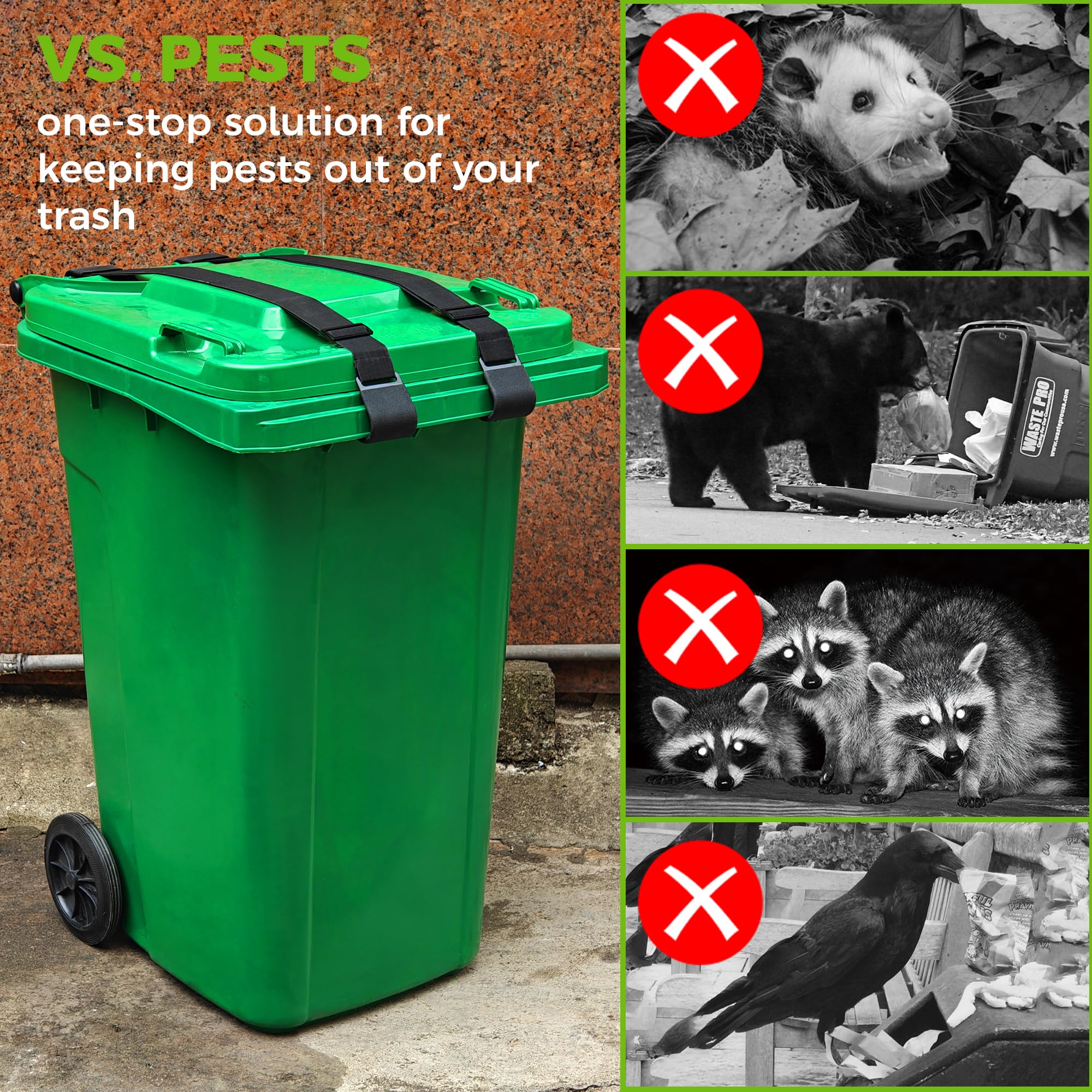 2-Pack Metal Double-Claw Non-Slip Trash Can Locks - Adjustable Garbage Bin Straps for Raccoons, Dogs & Small Animals - Durable & Easy-to-Install Lid Locks (Black) - Perfect for Outdoor Bins, Camping & Wildlife Areas