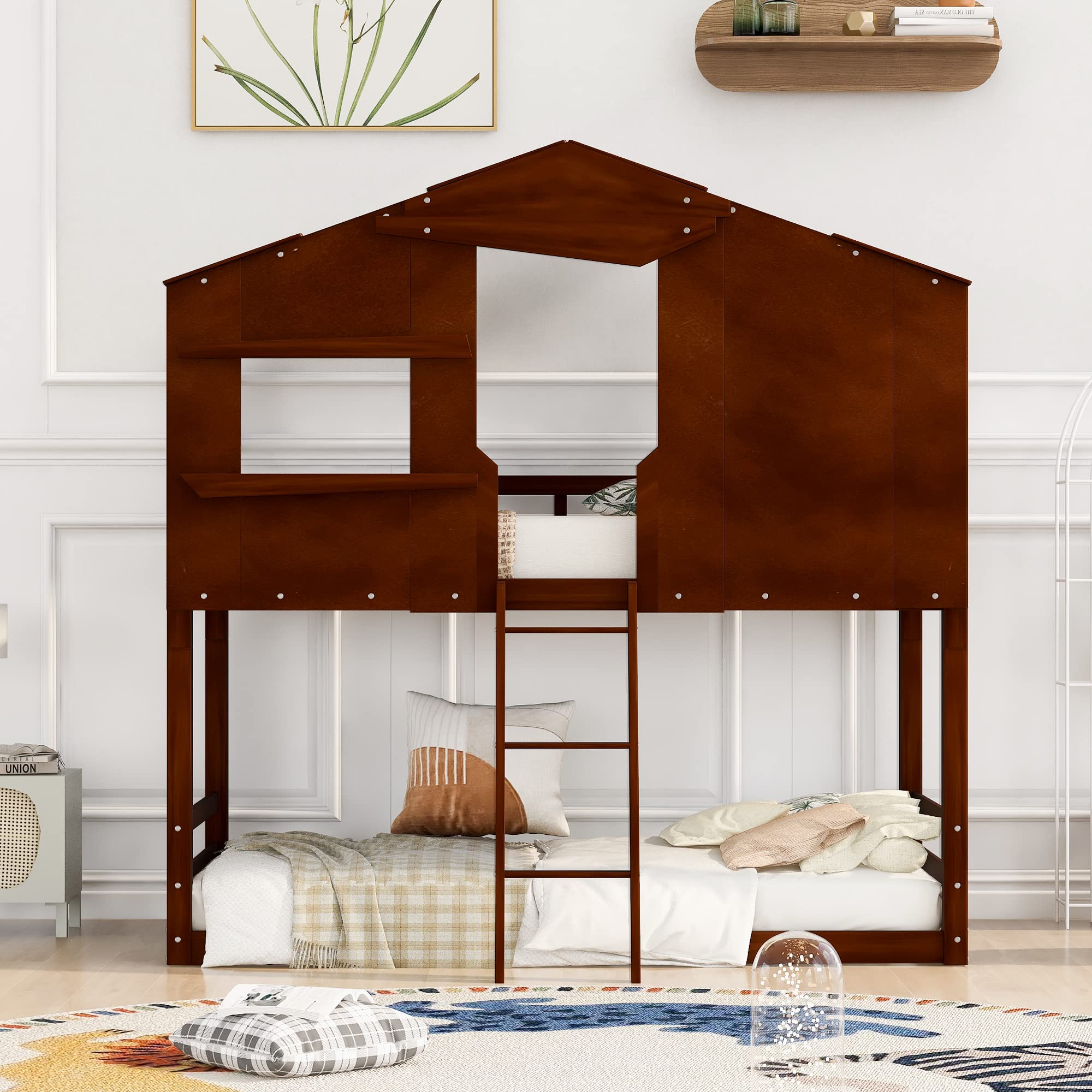 Twin Over Twin Bunk Bed with Ladder - Sturdy Wooden House Bunk Bed for Kids & Teens - Perfect for Shared Bedrooms, Sleepovers & Small Spaces