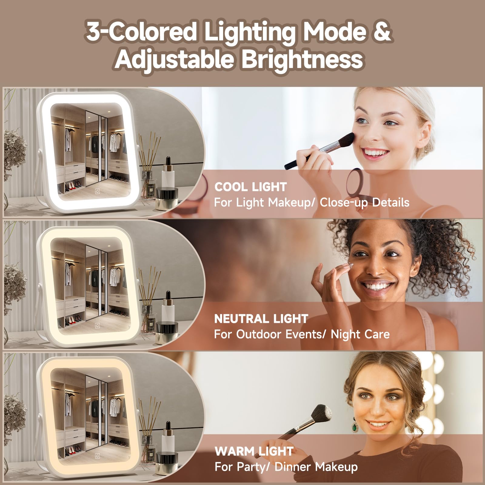 PRIMETEK 10x8 LED Vanity Mirror with 3-Color Lights & 5X Magnification - Portable for Travel, Bedroom & Gifts
