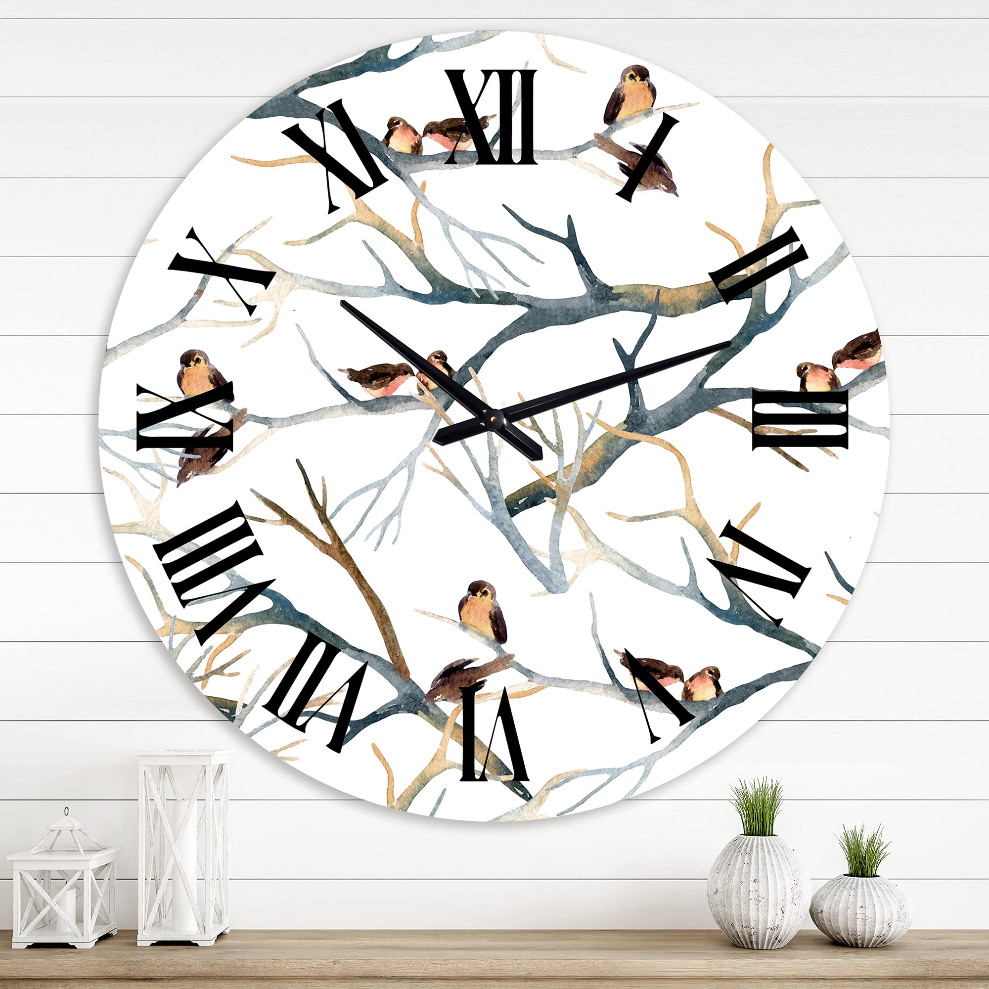 DesignQ Traditional Wall Clock - Little Birds on Tree Branches I - Large Animal Wall Clock for Home Decor - Perfect for Living Room, Bedroom & Office