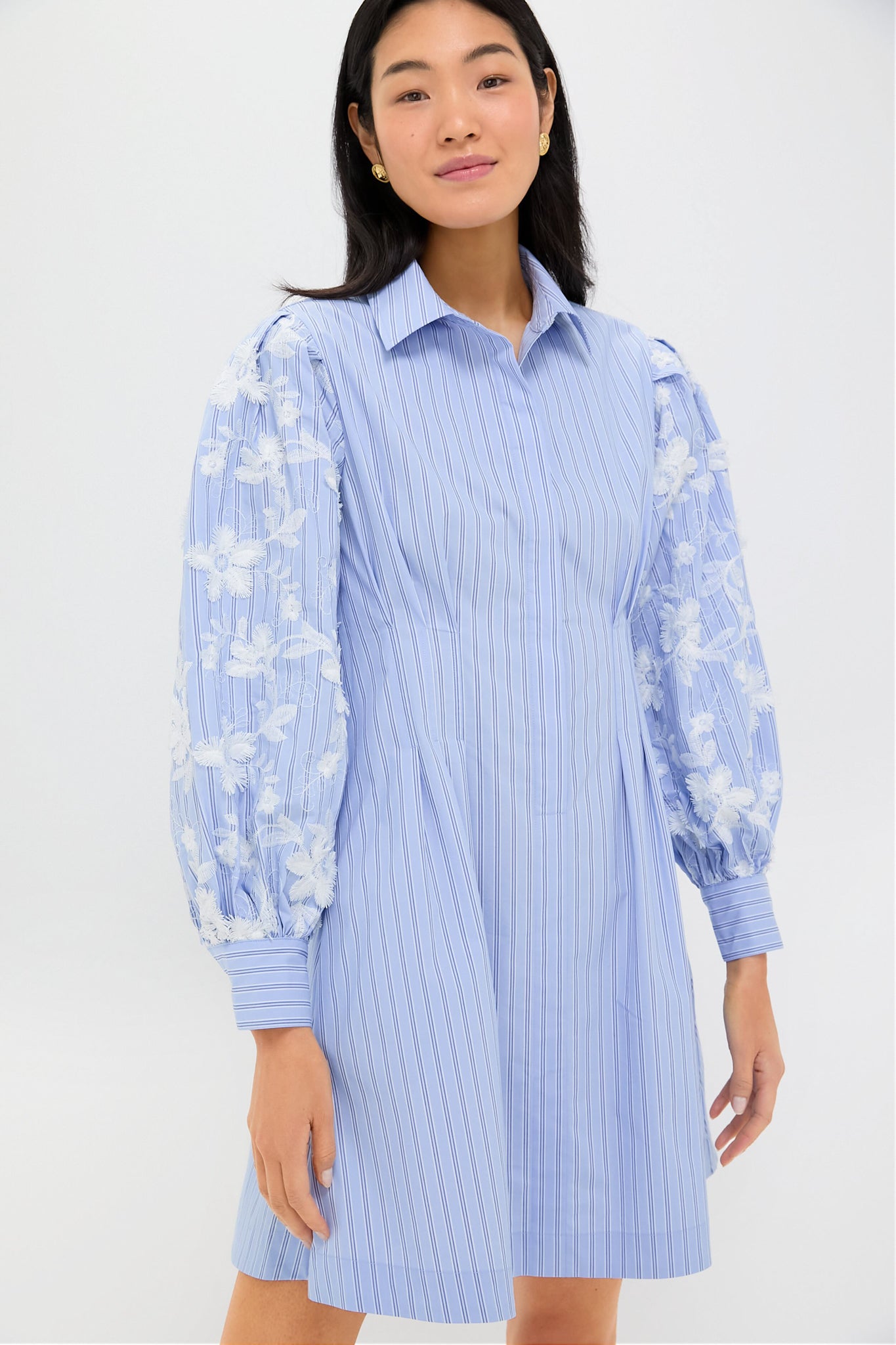 Blue Stripe Embroidery Mini Corinne Dress - Floral Summer Dress for Women, Perfect for Beach Vacation, Garden Party & Date Night Outfits