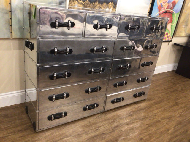 Vintage RH Trans-Atlantic Steamer Trunk with 12 Drawers - Antique Wooden Storage Chest for Bedroom, Living Room & Travel Decor