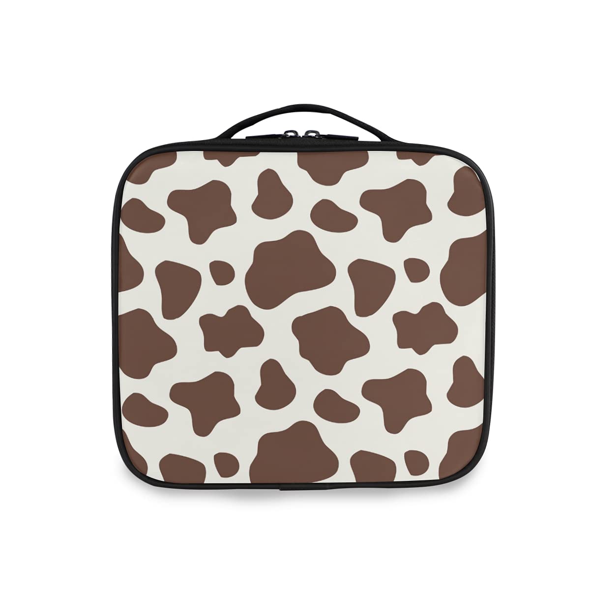 Stylish Doodle Brown Cow Print Makeup Bag - Large Travel Cosmetic Organizer with Adjustable Dividers - Perfect for Travel, Gym & Daily Beauty Storage