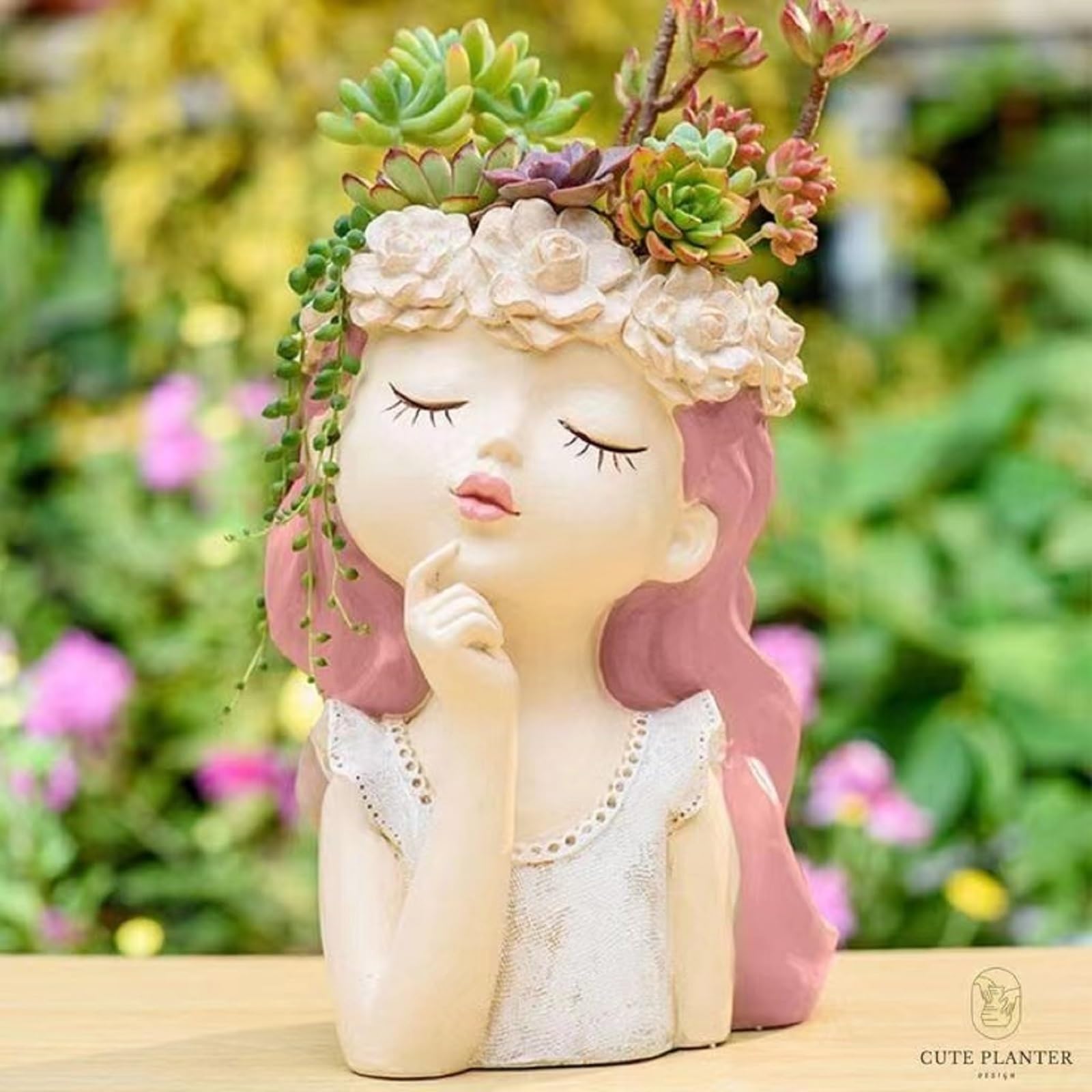 Head Planter Succulent Pots - Cute Resin Face Flower Pot with Drainage for Cactus & Plants - Creative Home & Office Decor Gift for Women & Men (7.3x6.5x10.6 Inch) - Perfect for Indoor Gardens, Desk Decor, and Unique Housewarming Gifts