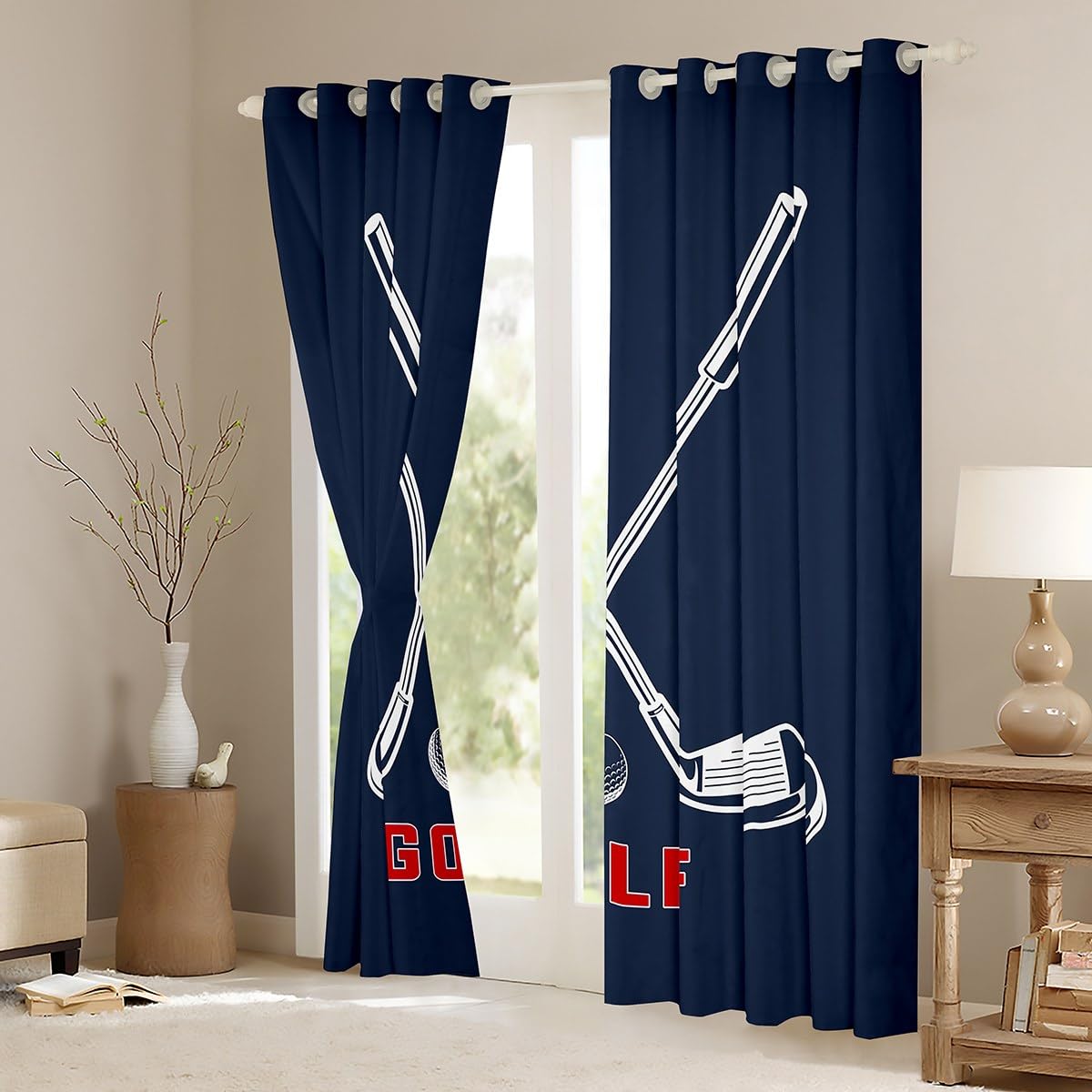 Premium Golf Ball Window Curtains - White & Navy Blue Modern Golf Theme Drapes for Kids, Boys, Men & Adults (38