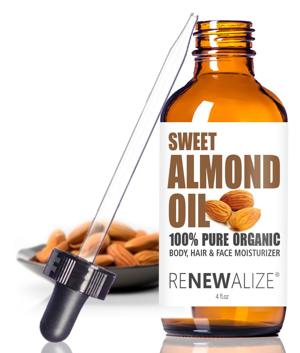 Organic Sweet Almond Oil for Skin & Hair - 4 oz Cold Pressed Unrefined Moisturizer in Glass Dropper Bottle | Natural Body Massage & Skincare Essential | Perfect for Dry Skin Care, Hair Treatment & Aromatherapy