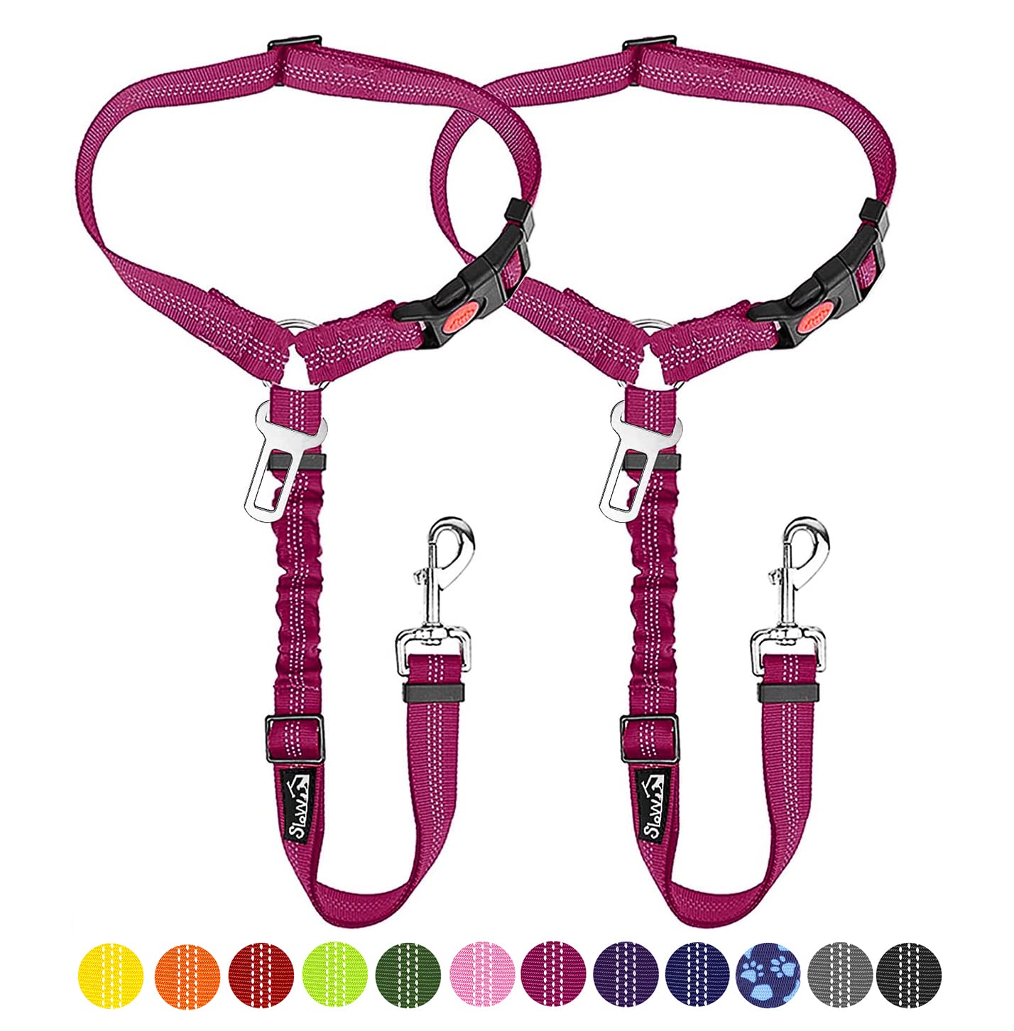 SlowTon 2-Pack Adjustable Dog Seat Belt for Cars - Elastic Bungee Buffer Pet Safety Harness with Reflective Tether & Headrest Clip (Burgundy) - Secure Your Pet During Road Trips & Daily Commutes