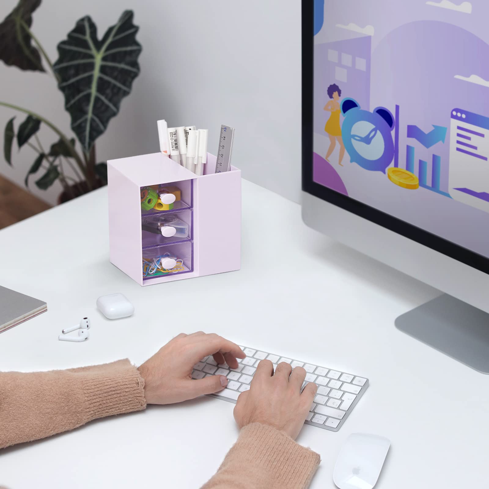 LETURE Small Desk Organizer with Drawer - Plastic Office & School Storage Box for Pens, Pencils, Markers, Cards & Stationery - Makeup Cosmetic Organizer (Purple) - Perfect for Home Office, Study Desk & Vanity Table Organization