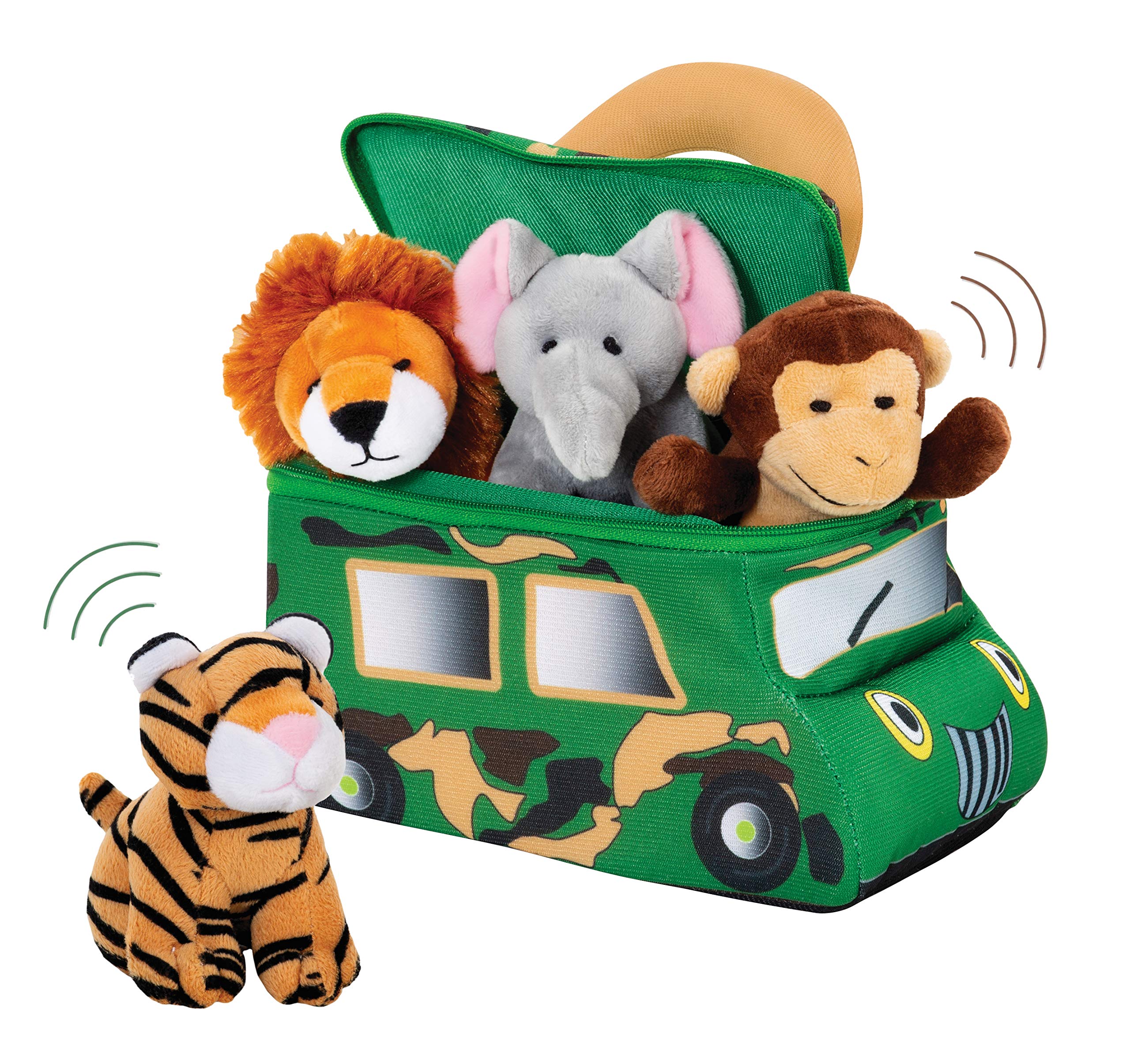 Bundaloo Plush Jungle Animals Set with Realistic Sounds - Soft Stuffed Animal Toys for Kids with Safari Truck Carrier - Mini Tiger, Lion, Monkey & Elephant - Perfect for Pretend Play, Nursery Decor & Safari-Themed Birthday Gifts