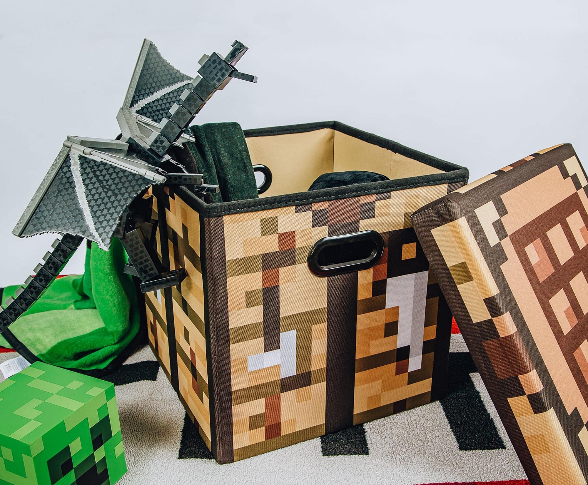 Official Minecraft Crafting Table 15-Inch Foldable Storage Bin with Lid - Fabric Basket Organizer Cube with Handles, Brown Closet Organizer - Perfect for Bedroom, Playroom & Video Game Collectible Storage