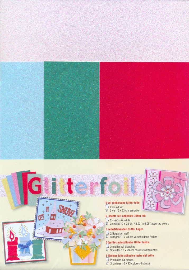 Premium Die-Cut Glitter Foil Sheets for Scrapbooking & Card Making - 5 Pack (2 White + 3 Assorted Colors) - 4x9 Inch A4 Size - Perfect for DIY Crafts, Gift Wrapping & Home Decor Projects