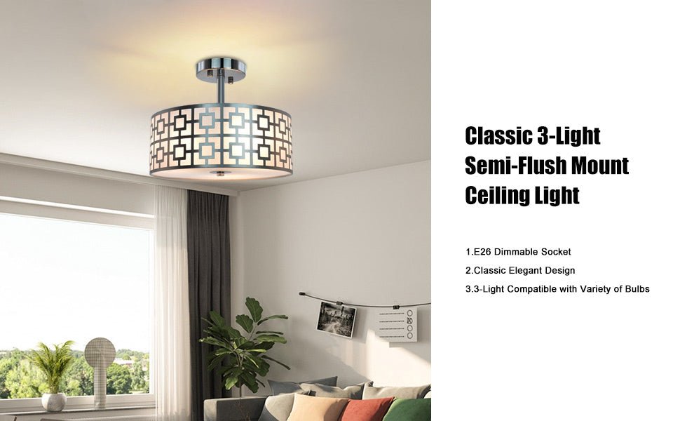 Stylish Semi Flush Mount Ceiling Light Fixture - 3 Bulb Iron Drum Pendant Chandelier in Chrome Finish for Bedroom, Hallway, Kitchen, Living & Dining Room | Modern Home Lighting for Entryway, Foyer & Interior Decor
