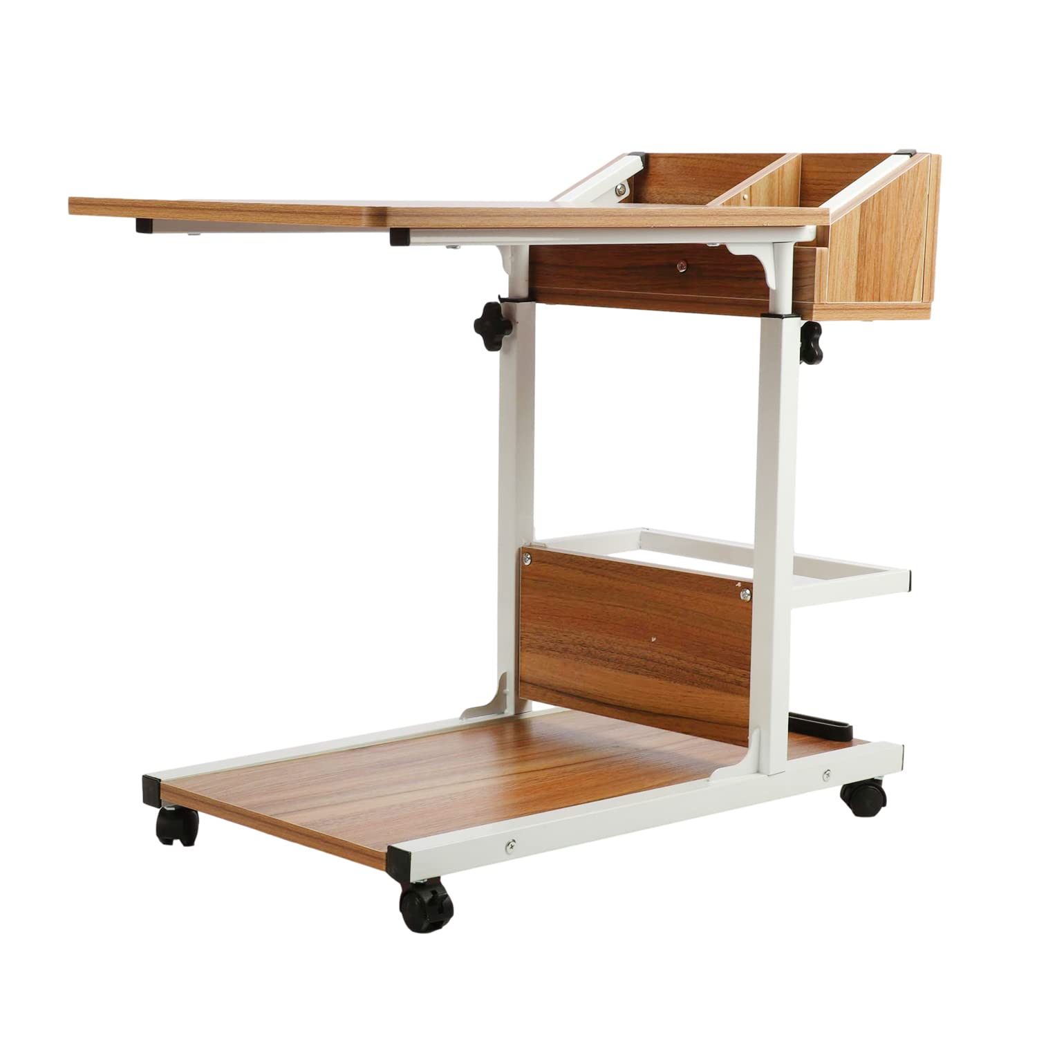 Adjustable Height Rolling Side Table with Wheels & Storage Shelves - Mobile Couch Snack Table, Wooden End Table for Living Room, Bedroom - Perfect for Laptop Use, Snacks & Drinks While Relaxing on Sofa or Bed