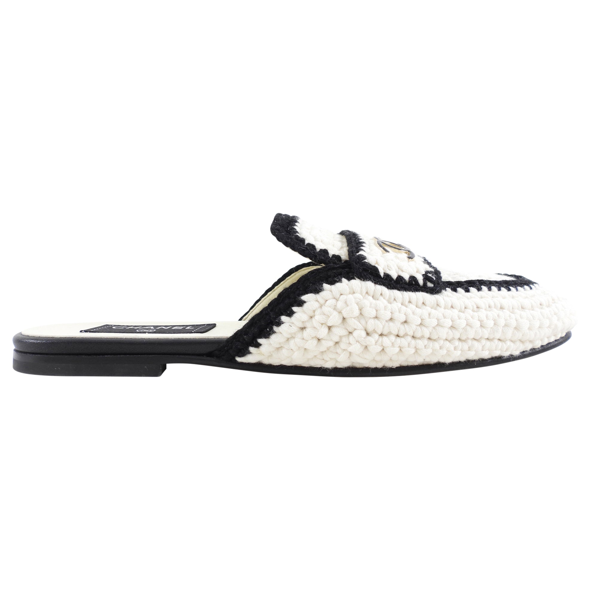 Chanel 2023 Black & White Knit CC Logo Mules - Size 37 | Luxury Designer Slip-On Shoes for Women | Perfect for Casual Outings & Office Wear
