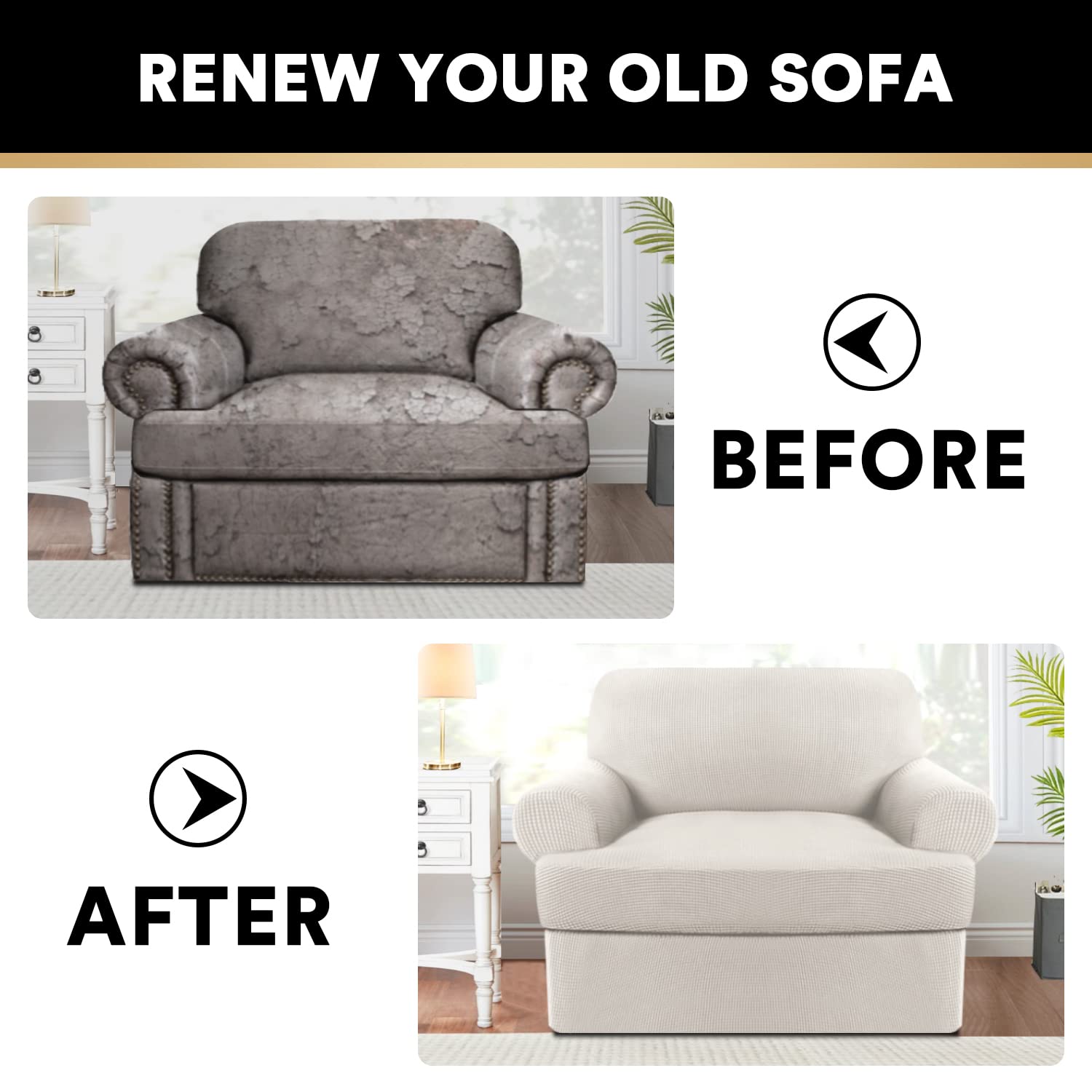 PrinceDeco 2-Pack Stretch Armchair Slipcovers with T-Cushion Cover - Soft Machine Washable Furniture Protectors for Living Room, Office & Dining Chairs - Ivory