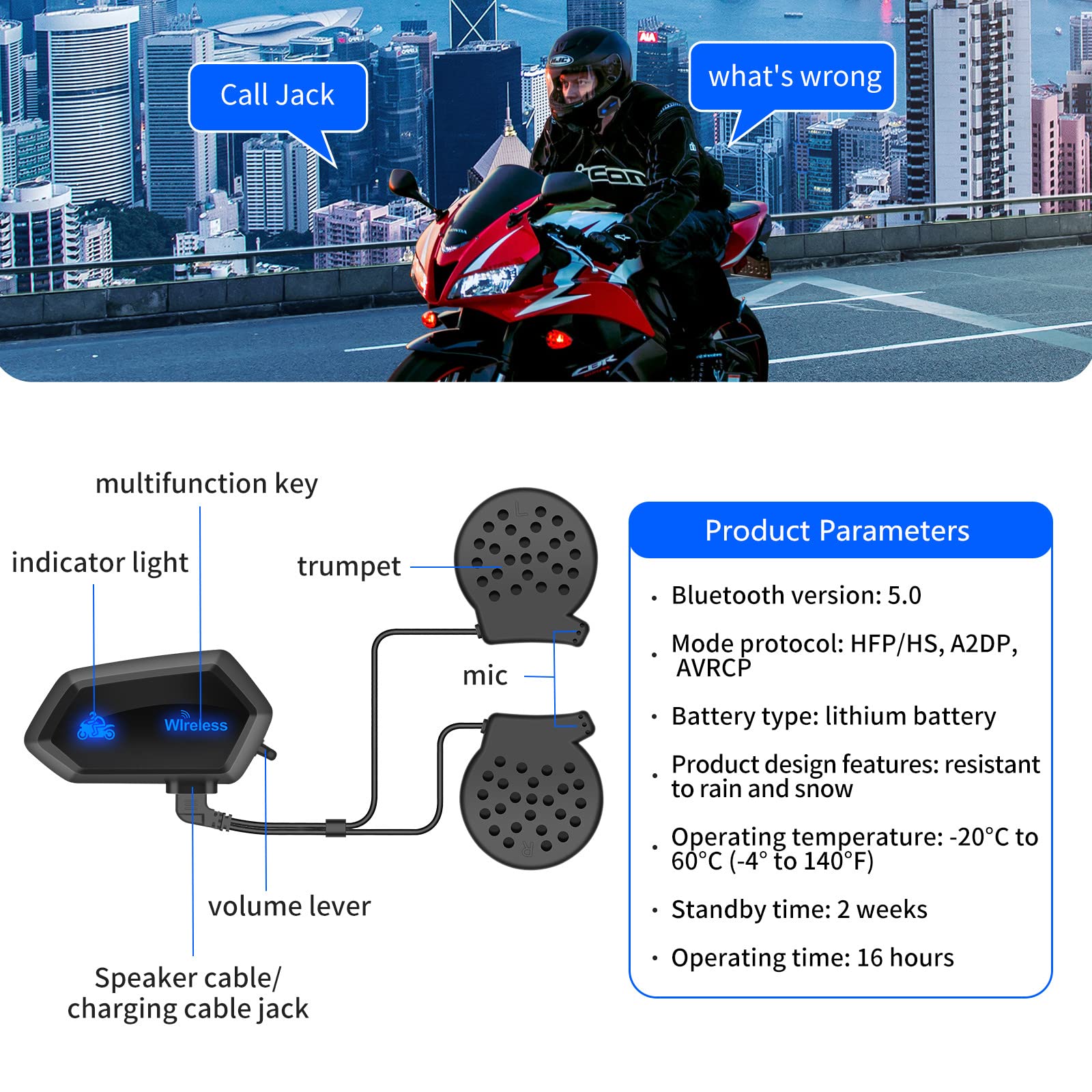 OBEST Motorcycle Helmet Headset - Bluetooth 5.0 Wireless Earpiece with Noise Cancellation & Waterproof Design for Hands-Free Calls, Music & GPS Navigation - Ideal for Motorcycle Riding, Skiing & Outdoor Sports