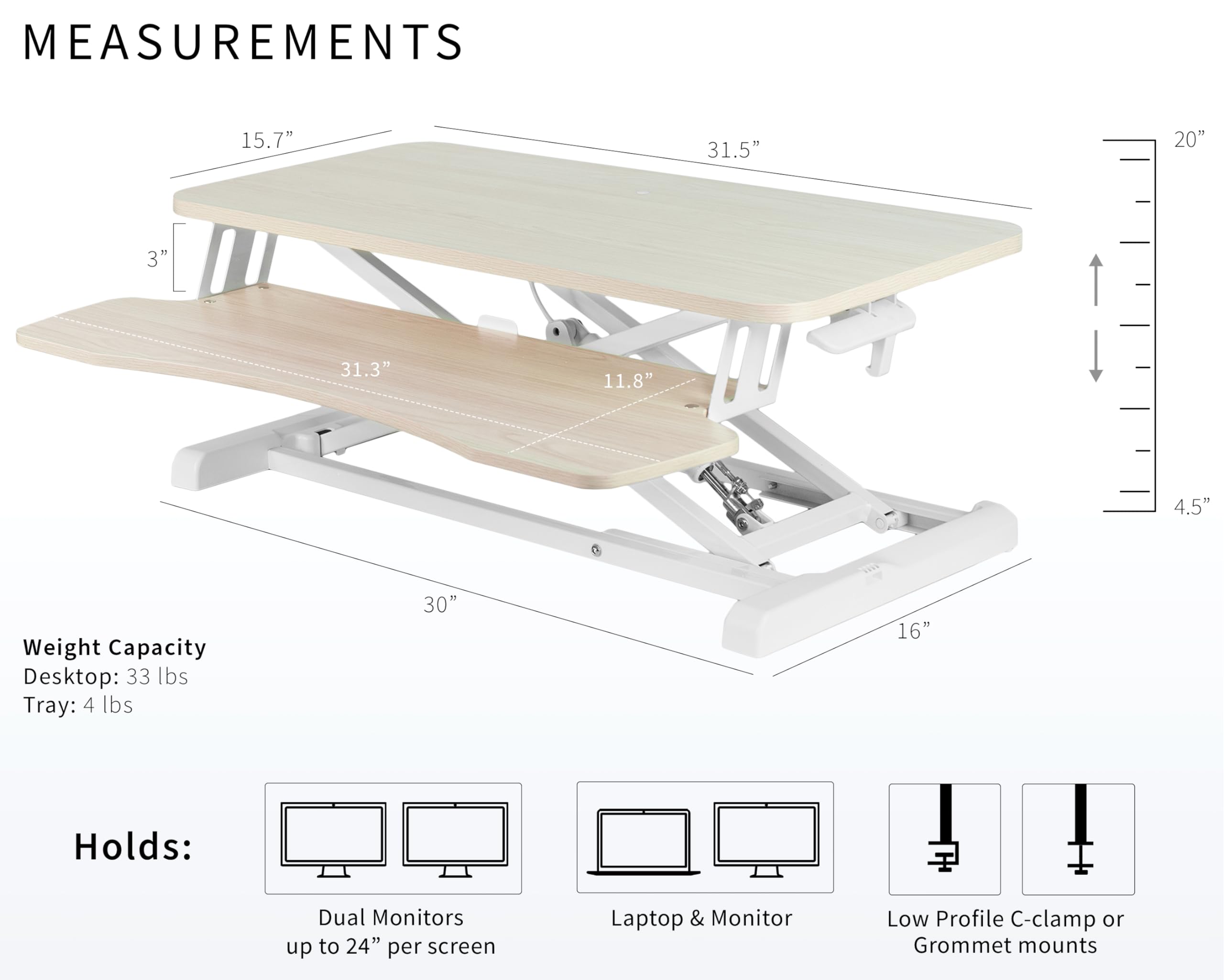 VIVO K Series 32 Inch Height Adjustable Sit Stand Desk Converter - Dual Monitor & Laptop Workstation with Wide Keyboard Tray, Light Wood Top & White Frame (DESK-V000KF) - Perfect for Home Office, Gaming Setup & Ergonomic Workspace