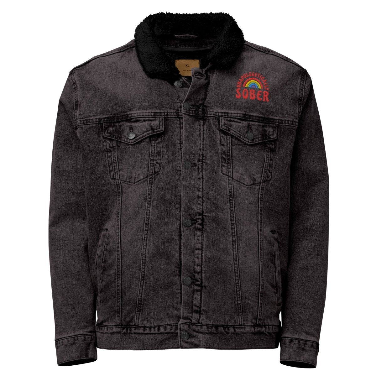 Unisex Sherpa Denim Jacket with Embroidered 'Unapologetically Sober' Design - Cozy Winter Fashion for Sober Living & Recovery Support
