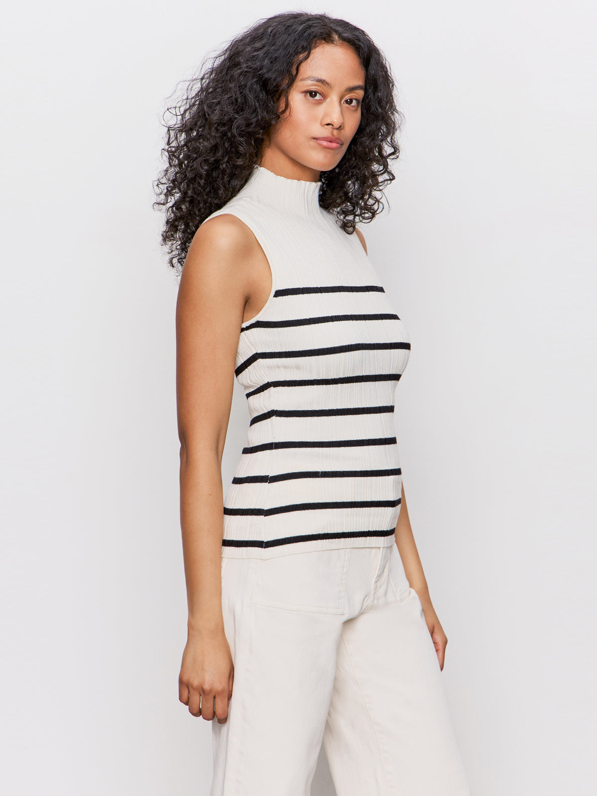 Ribbed Funnel Neck Long Sleeve T-Shirt for Women - Light Oat & Black Color - Casual Fall Winter Layering Top for Work, Date Night & Everyday Wear
