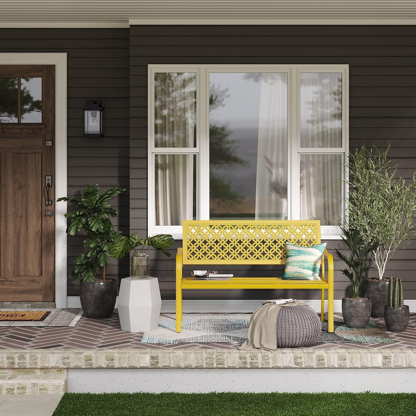 **Sunflower Yellow Outdoor Garden Bench with Armrests – Durable Patio, Lawn & Porch Seating for Relaxing in Your Backyard or Garden**