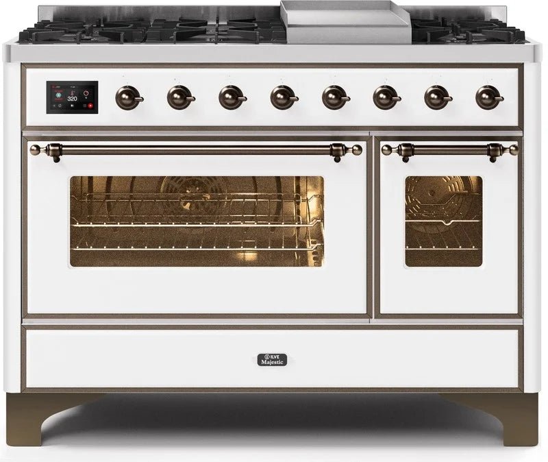 ILVE Majestic II 48-Inch Dual Fuel Natural Gas Freestanding Range - White with Bronze Trim (UM12FDNS3WHB) for Professional Kitchen & Home Cooking